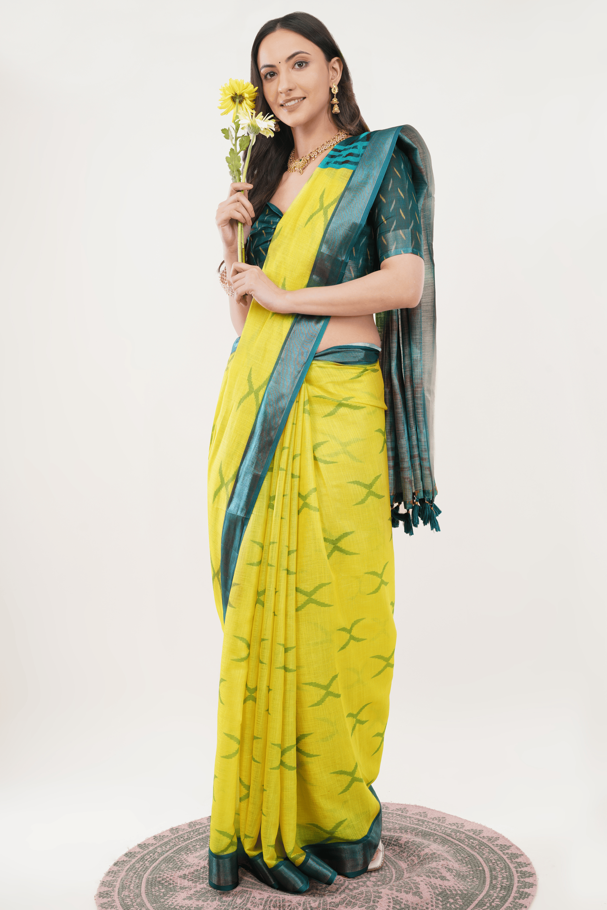 Samantha Off White Green Botanical Rose Printed Linen Saree with Self-Woven Border