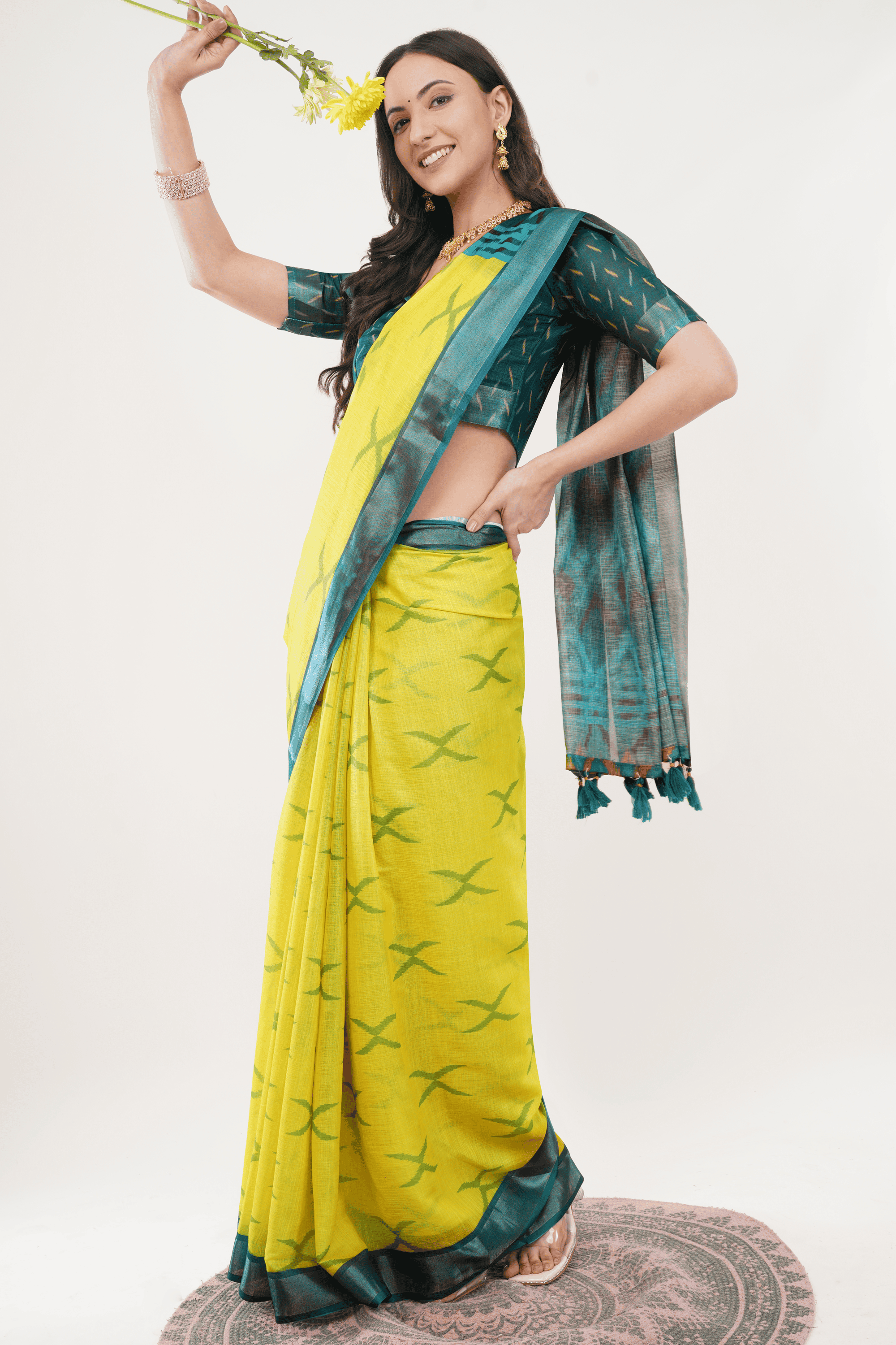Samantha Off White Green Botanical Rose Printed Linen Saree with Self-Woven Border