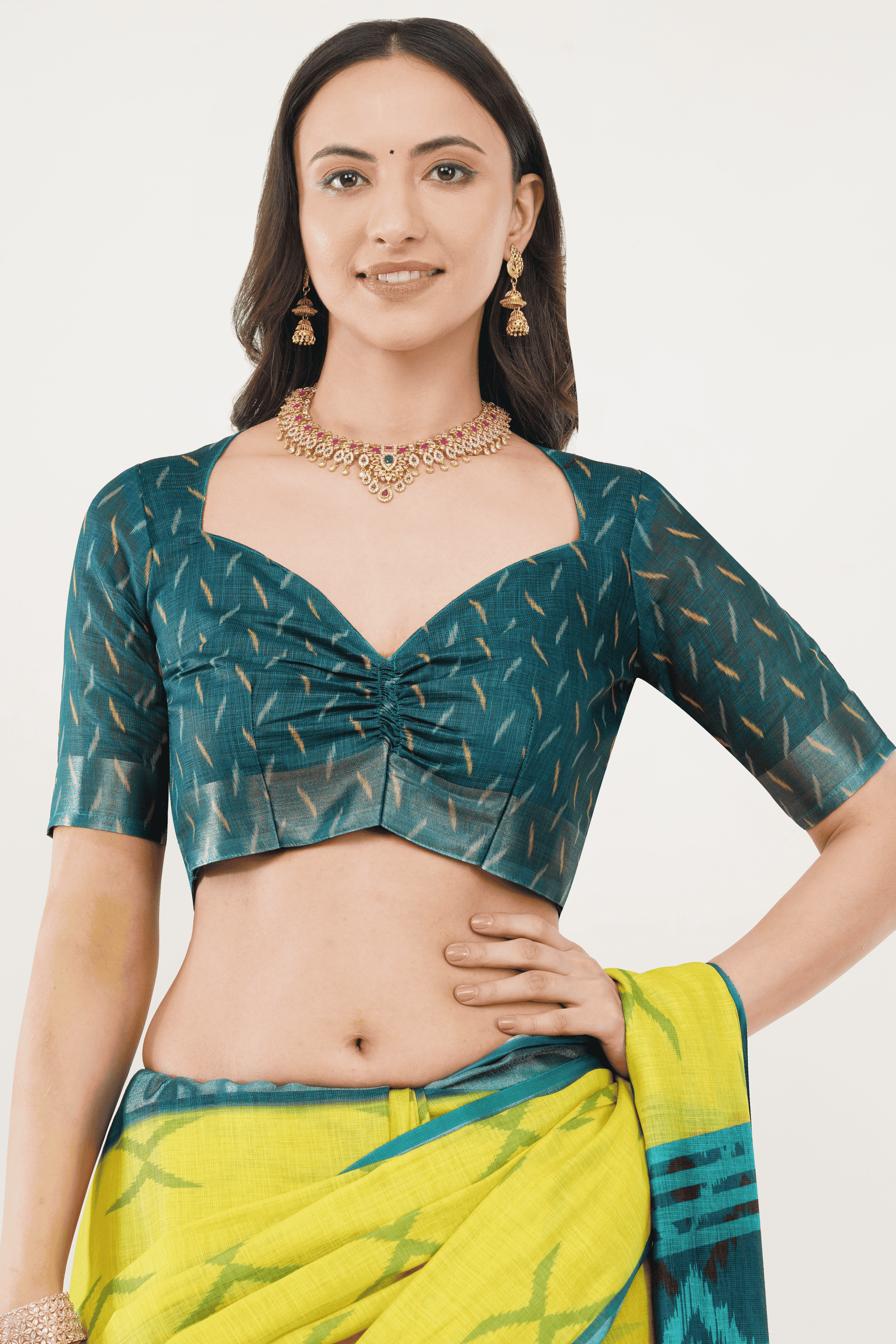 Samantha Off White Green Botanical Rose Printed Linen Saree with Self-Woven Border