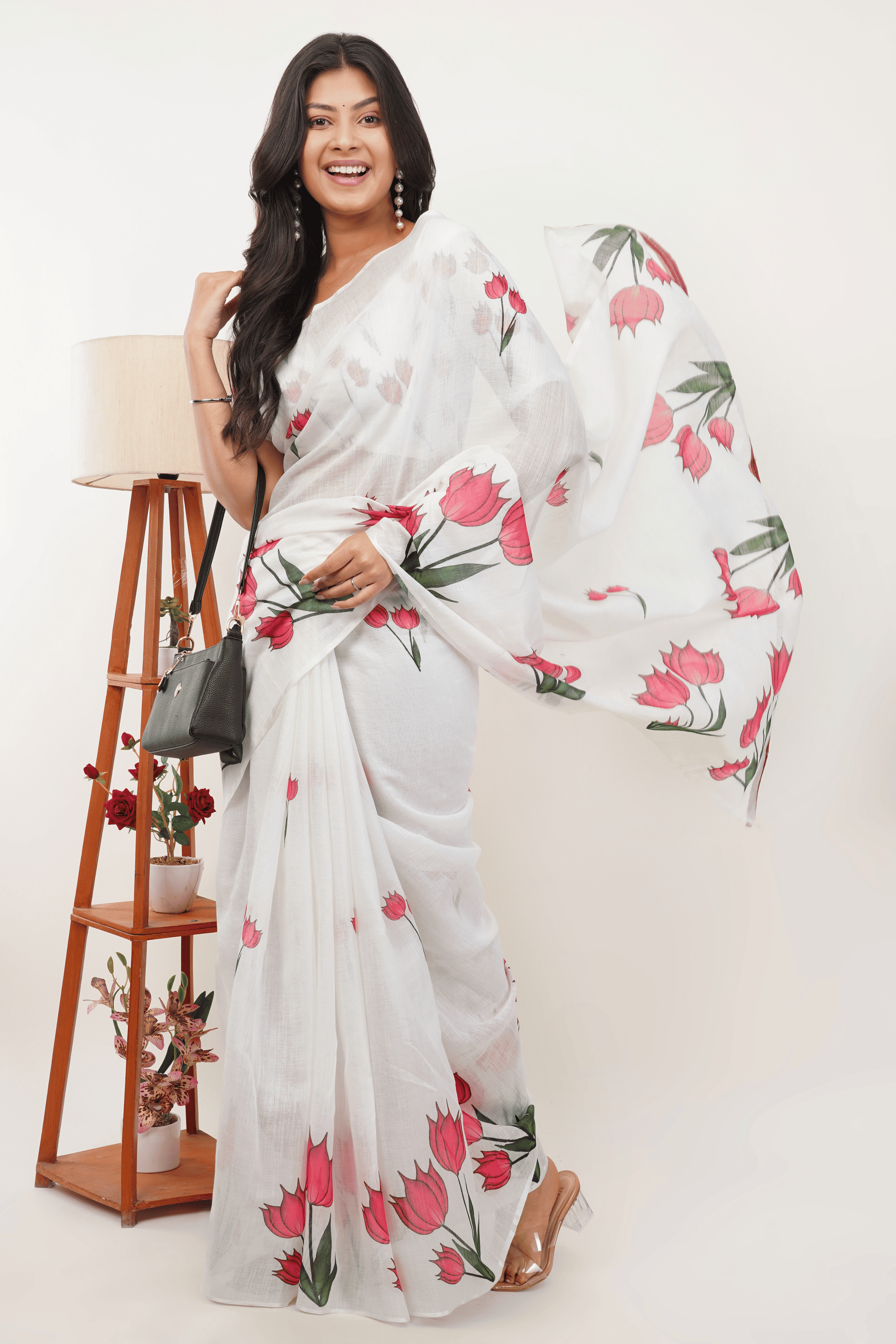 Samantha White Tulip Printed Linen Saree with Tassel Pallu