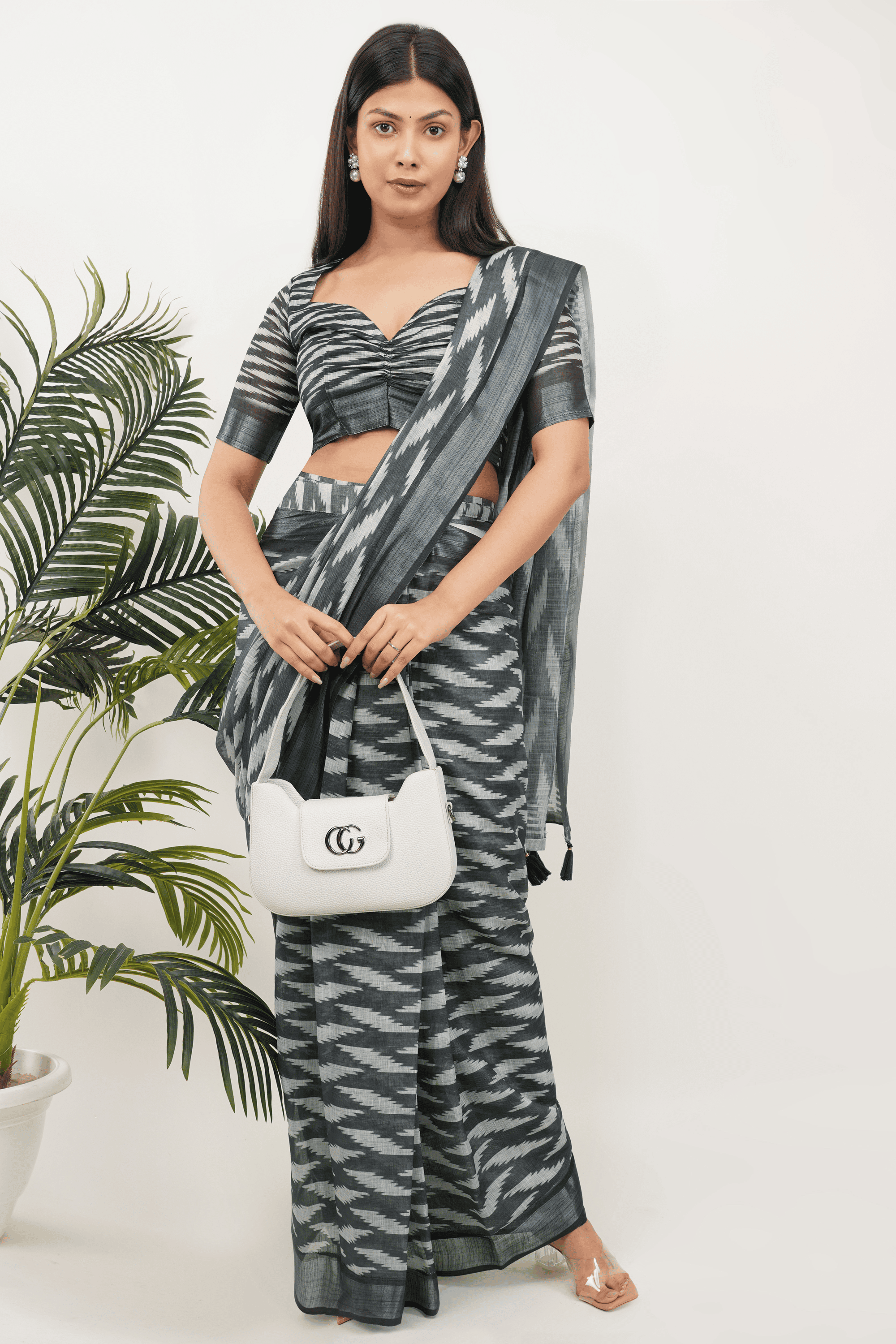 Samantha Silver Grey Ikat Printed Ready-to-Wear Linen Saree with Pocket