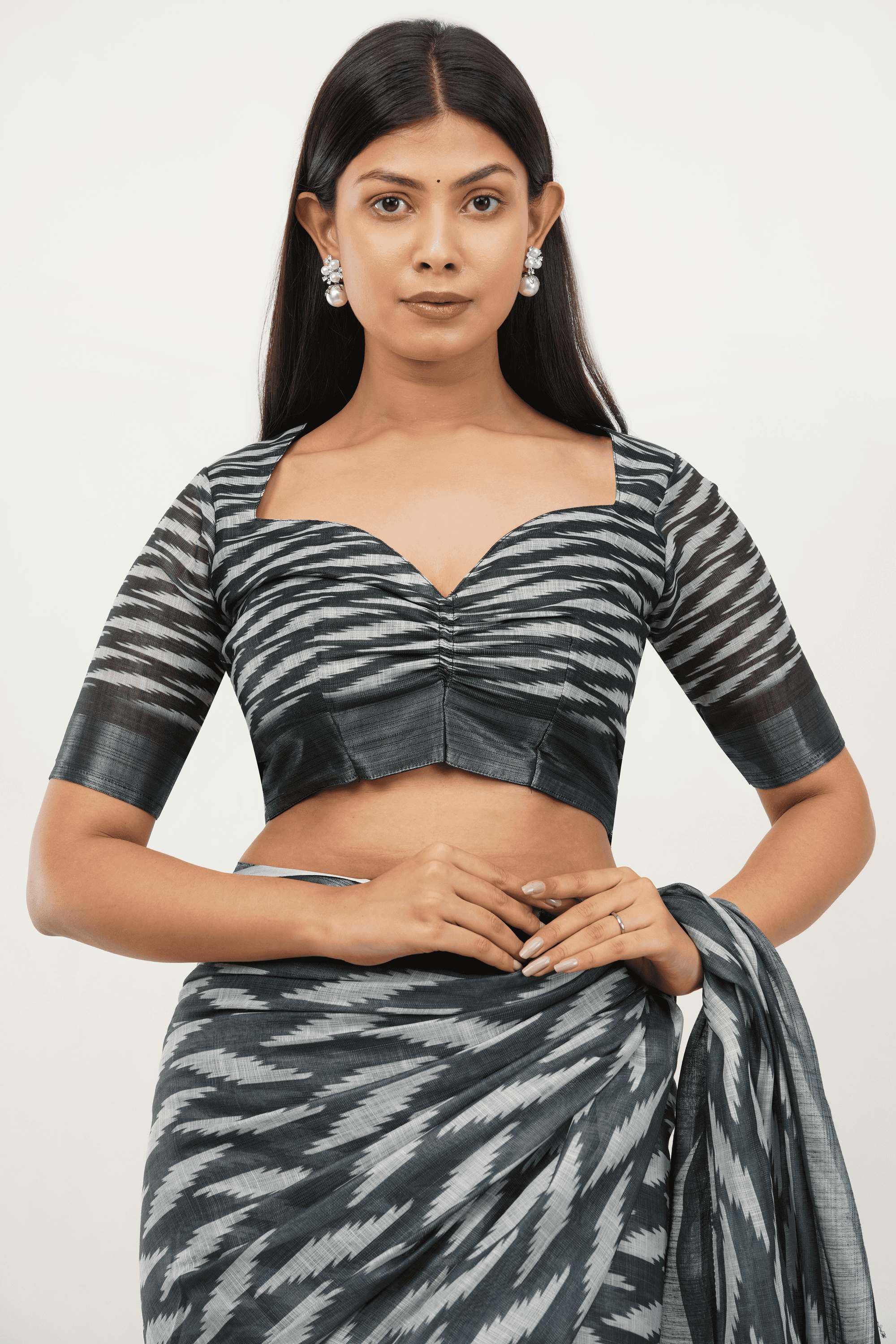 Samantha Silver Grey Ikat Printed Ready-to-Wear Linen Saree with Pocket