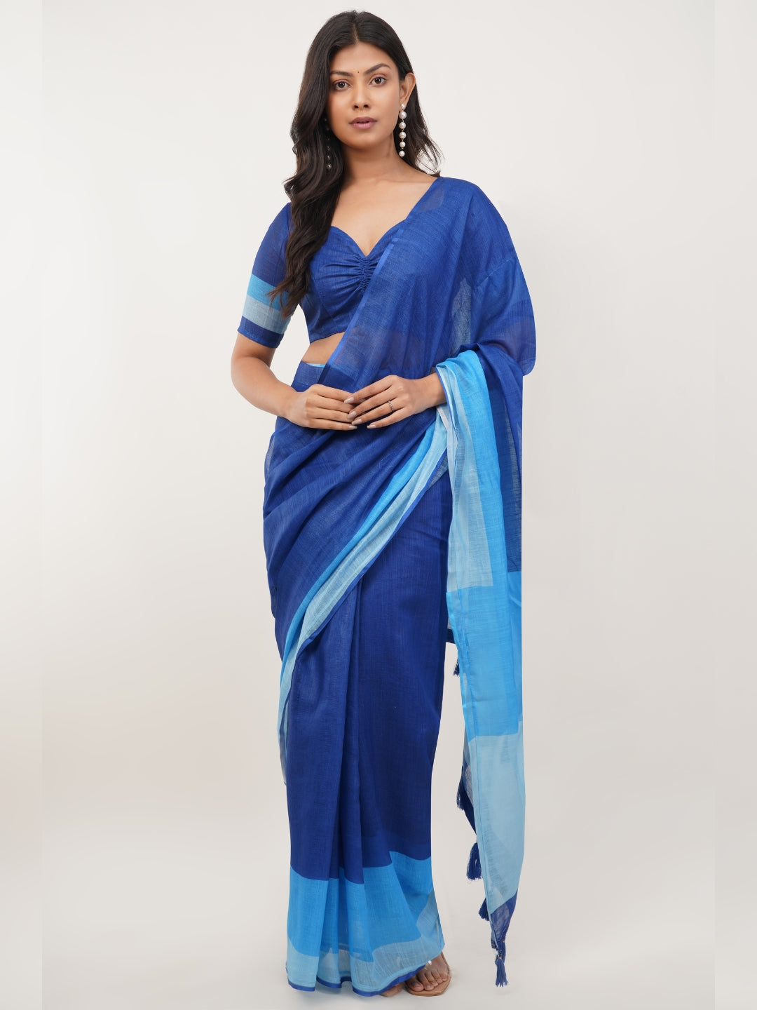 Samantha Royal Blue Color-Block Ready-to-Wear Linen Saree with Pocket