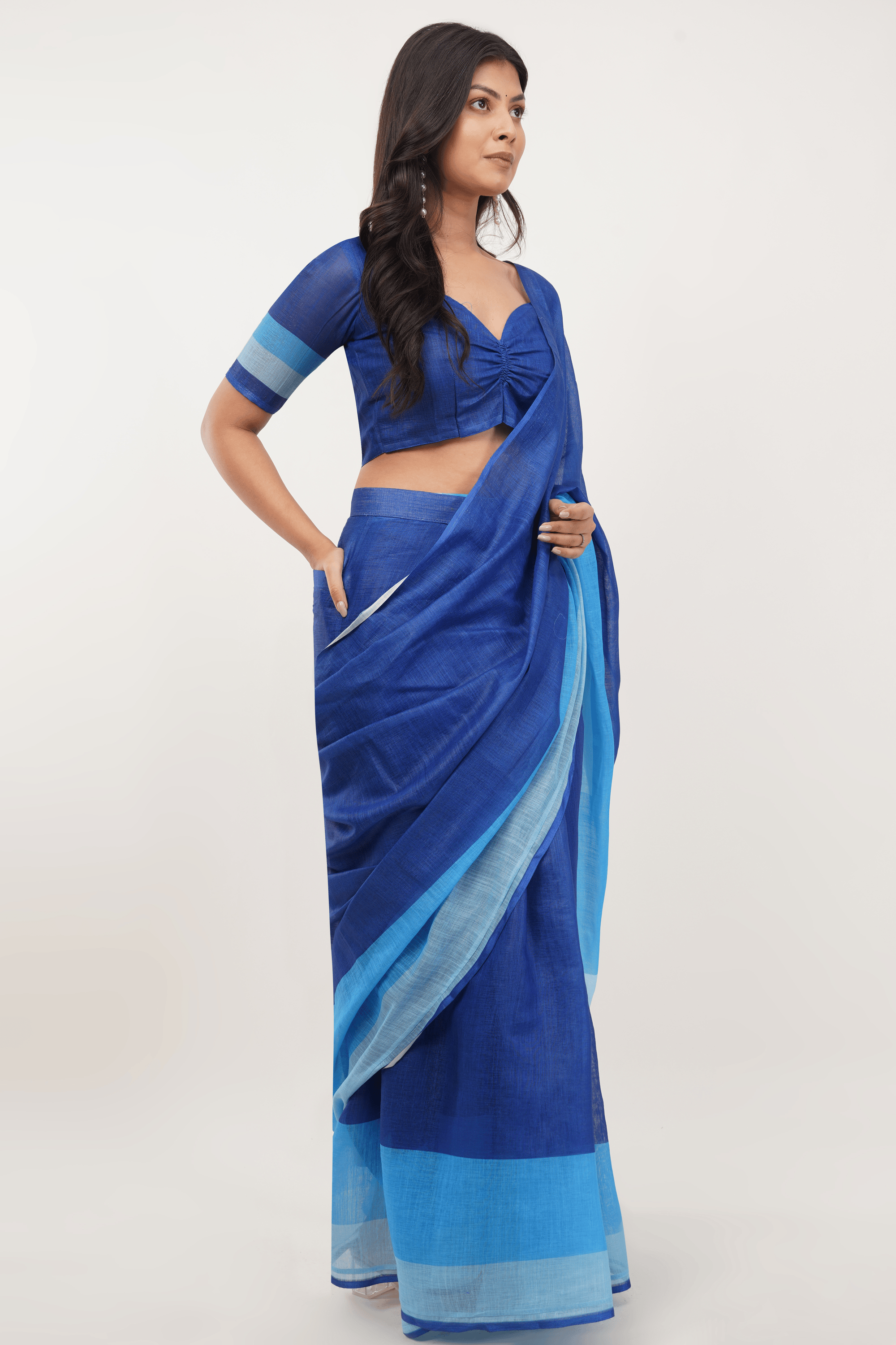Samantha Royal Blue Color-Block Ready-to-Wear Linen Saree with Pocket