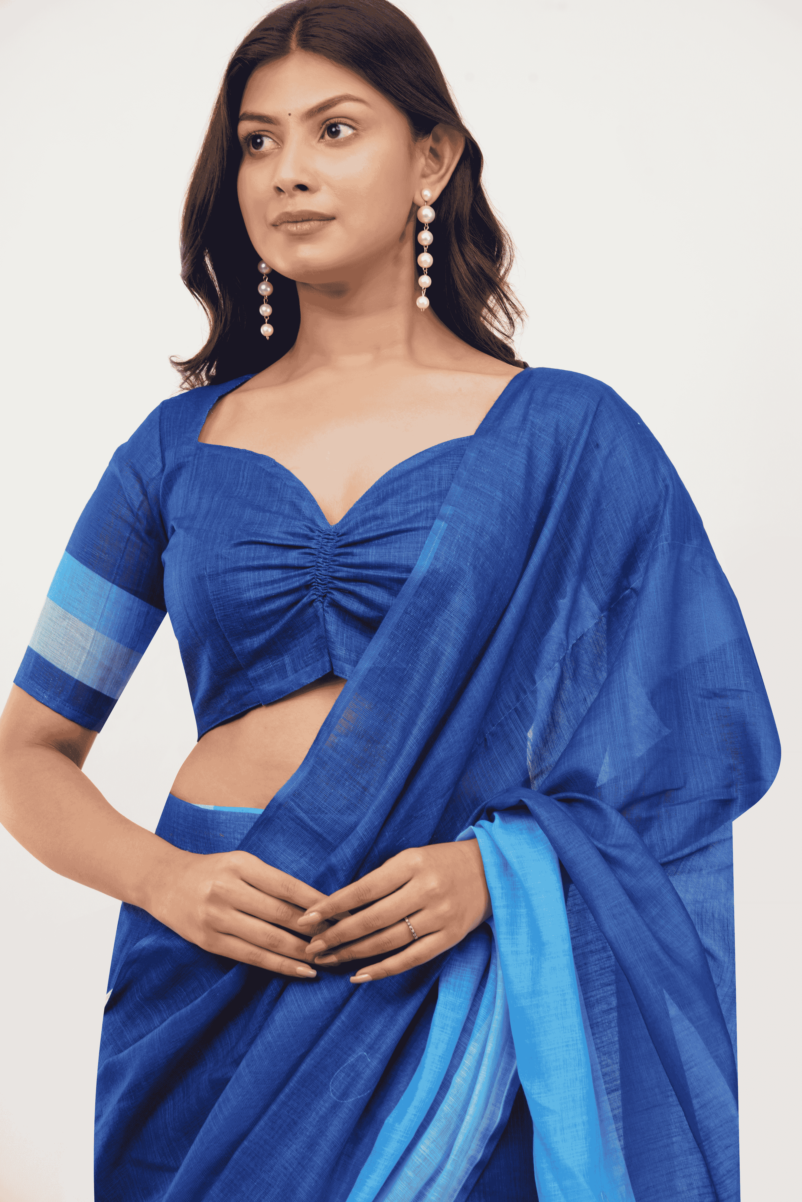 Samantha Royal Blue Color-Block Ready-to-Wear Linen Saree with Pocket
