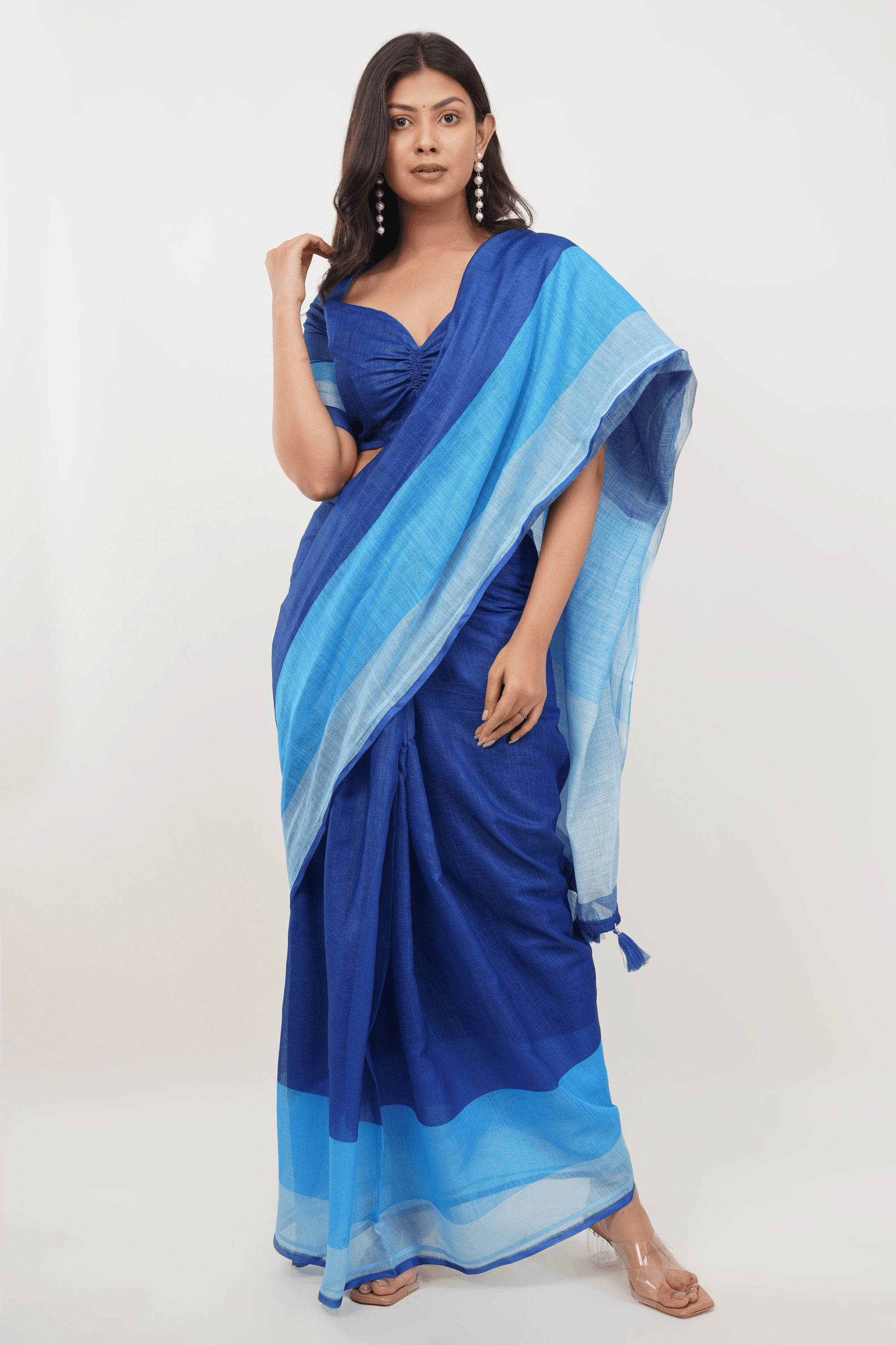 Samantha Royal Blue Color-Block Ready-to-Wear Linen Saree with Pocket