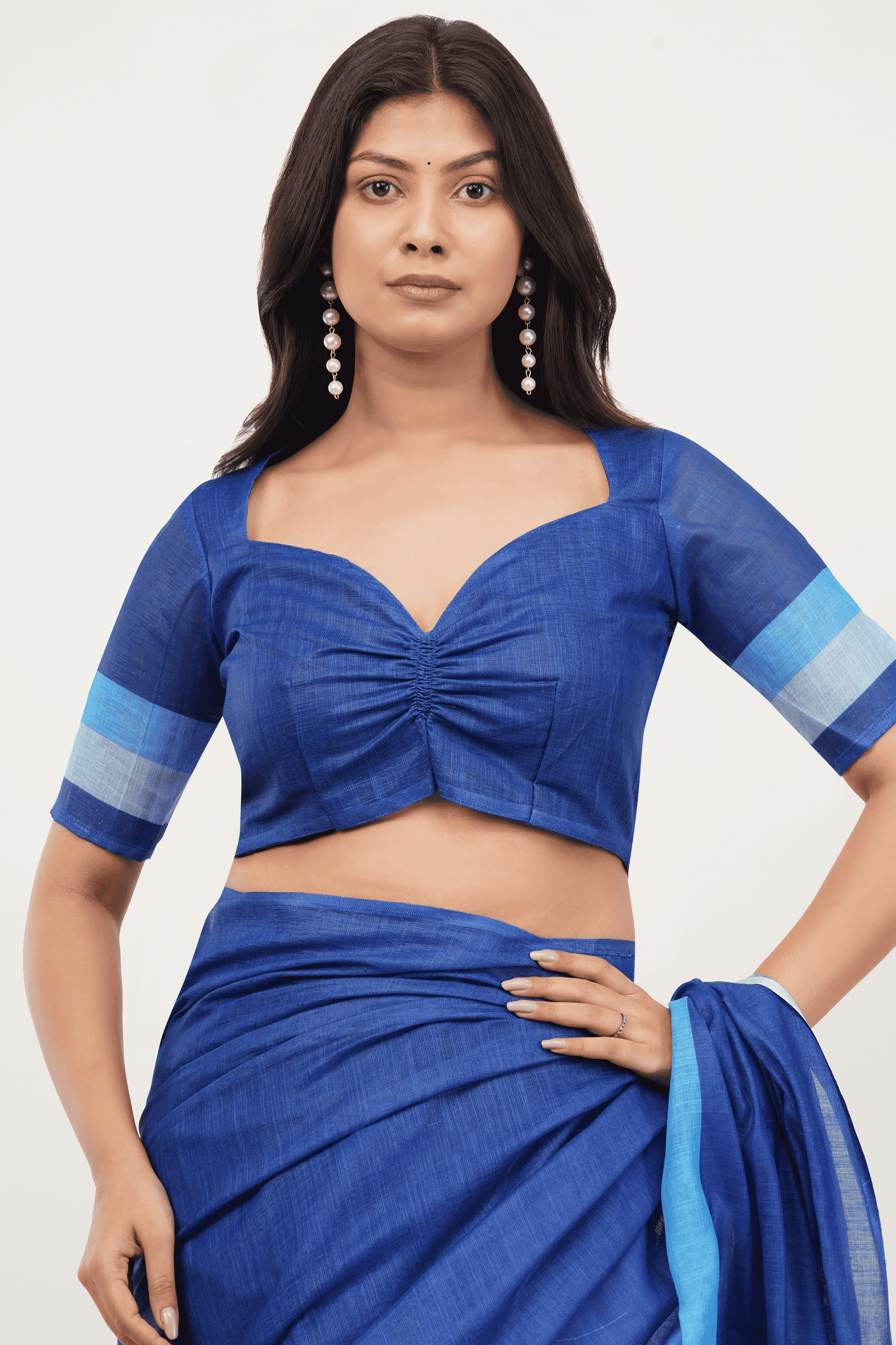 Samantha Royal Blue Color-Block Ready-to-Wear Linen Saree with Pocket