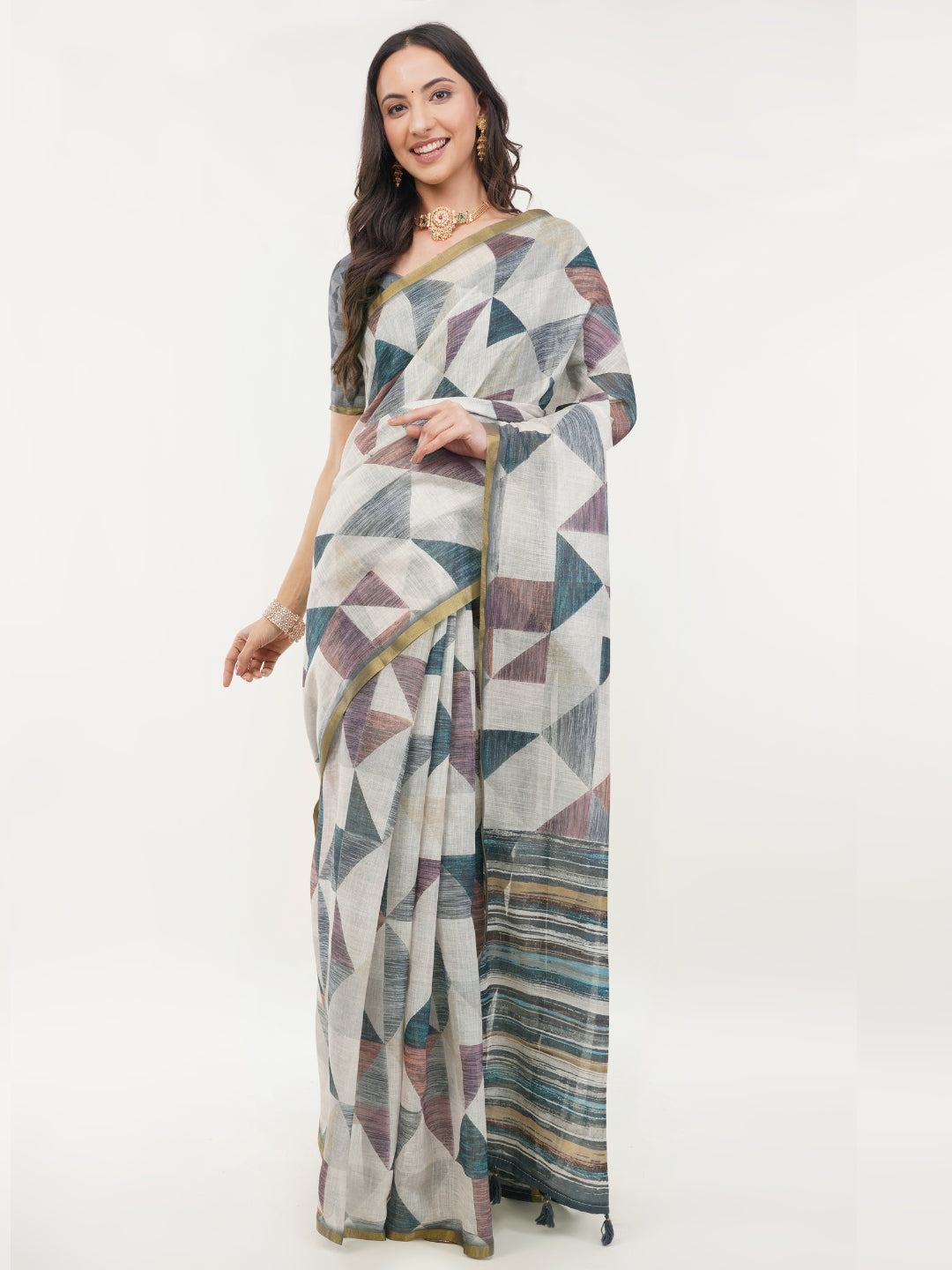 Samantha Off White Multicolor Rose Botanical Printed Linen Saree with Self-Woven Border