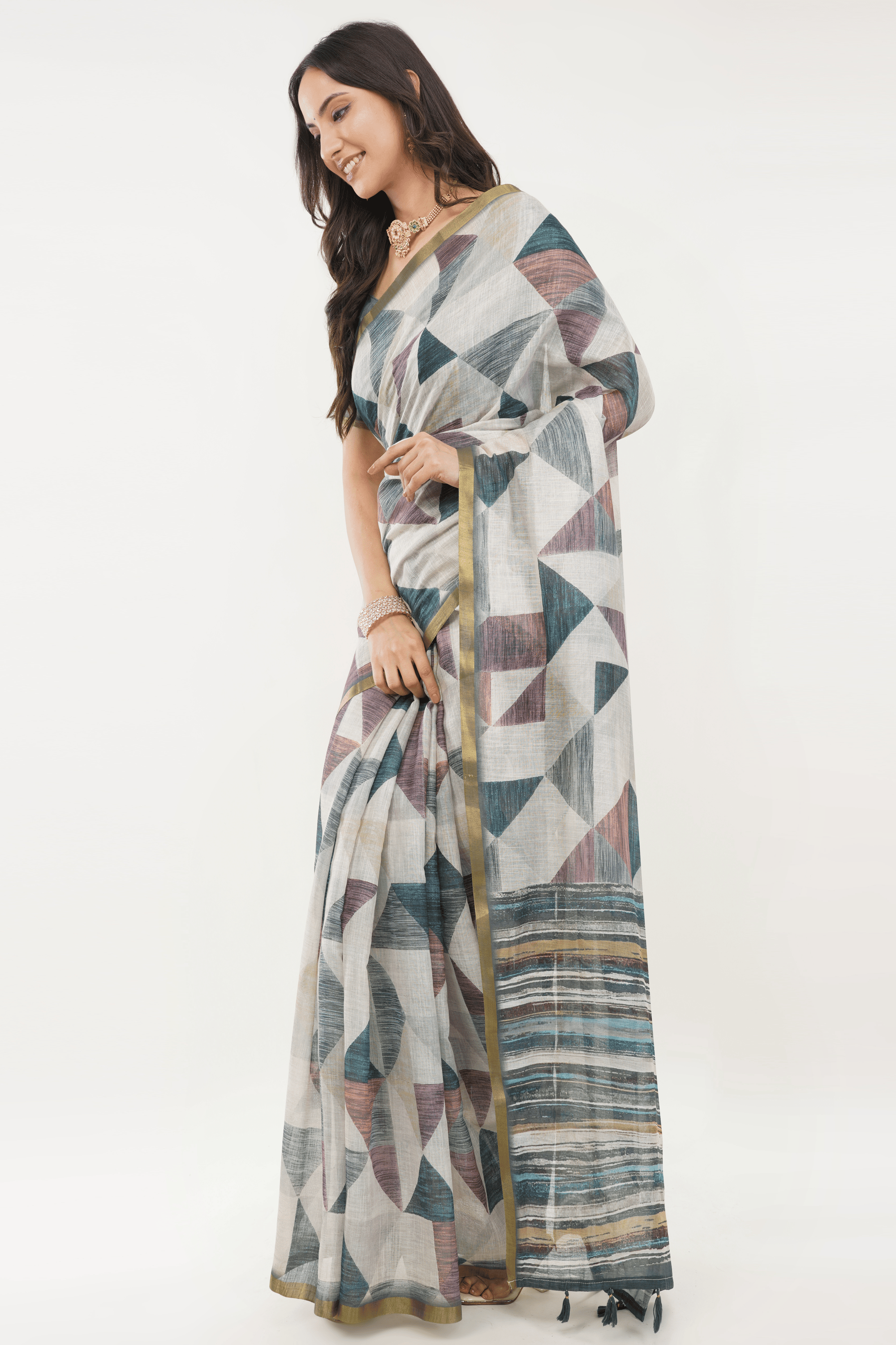Samantha Off White Multicolor Rose Botanical Printed Linen Saree with Self-Woven Border