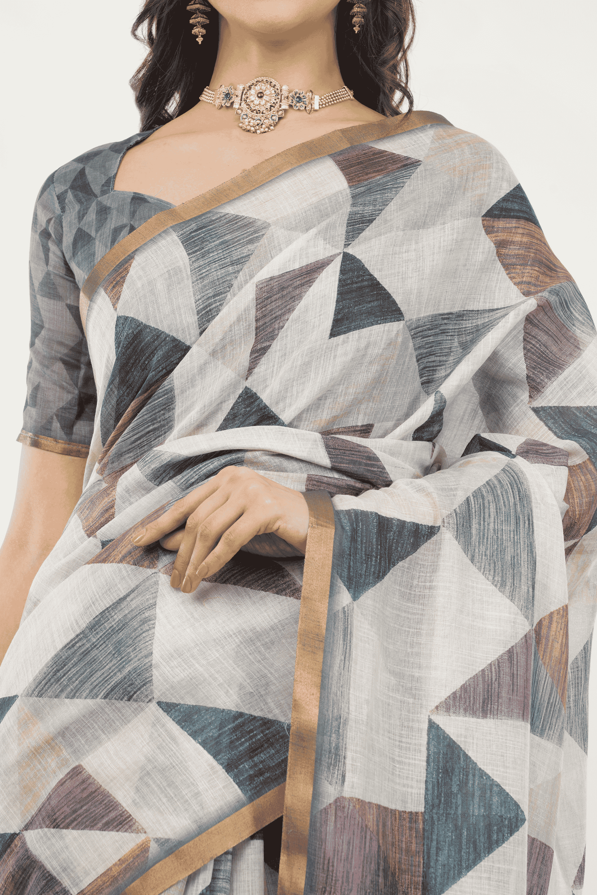 Samantha Off White Multicolor Rose Botanical Printed Linen Saree with Self-Woven Border