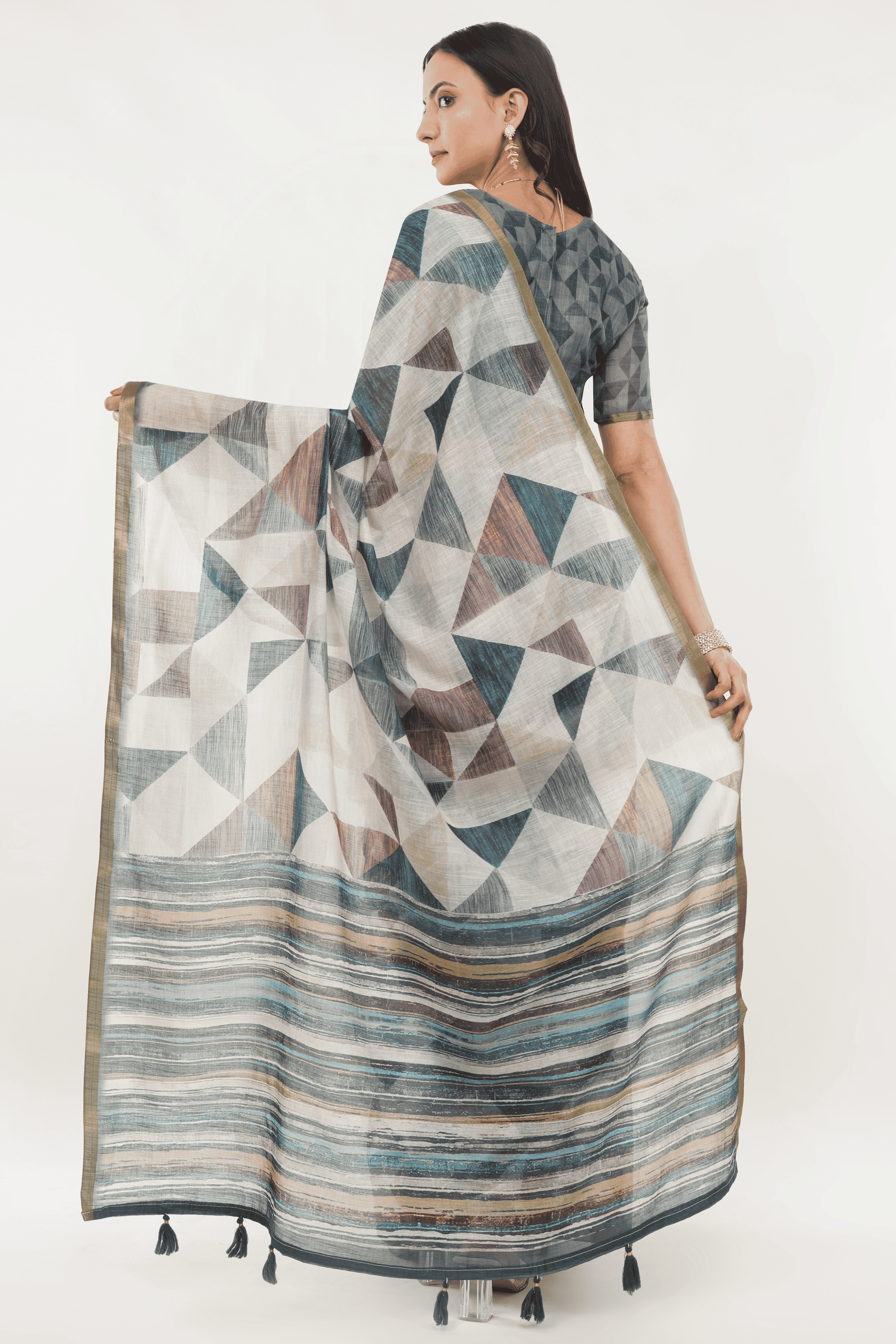 Samantha Off White Multicolor Rose Botanical Printed Linen Saree with Self-Woven Border