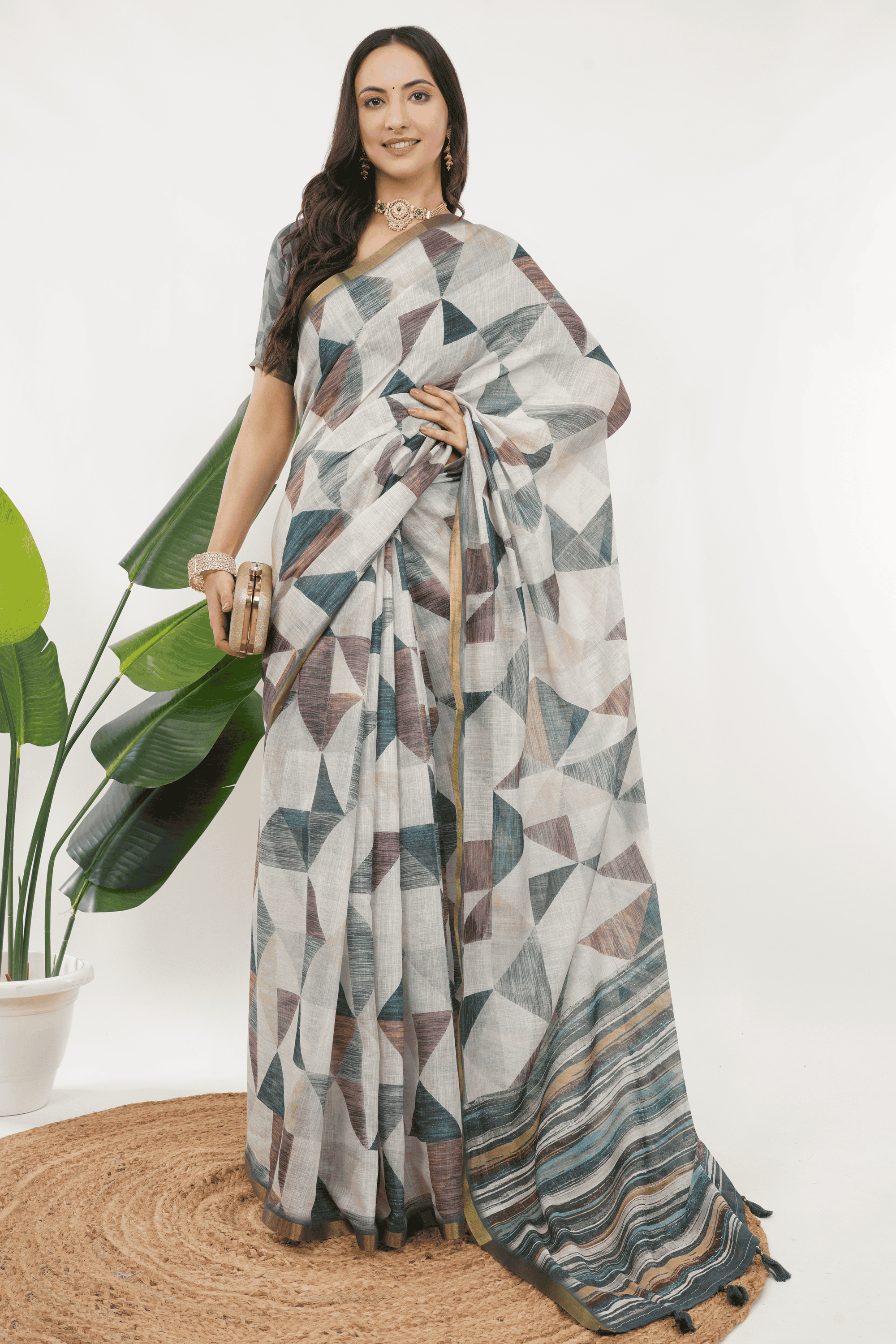 Samantha Off White Multicolor Rose Botanical Printed Linen Saree with Self-Woven Border