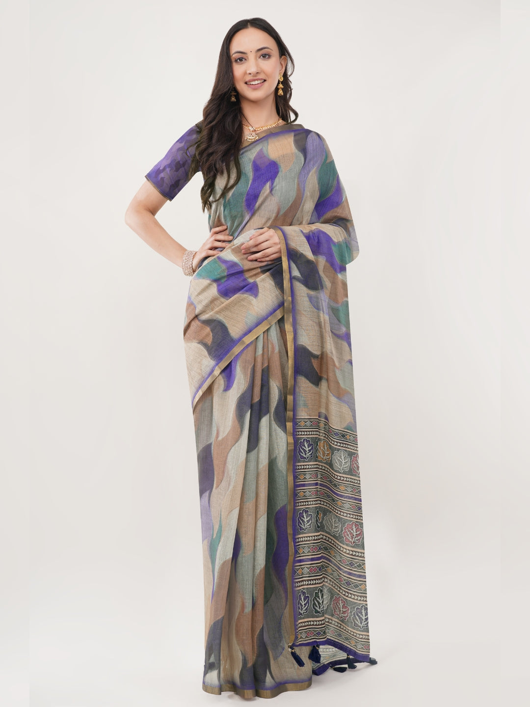 Samantha Off White Purple Blue Rose Botanical Printed Linen Saree with Self-Woven Border