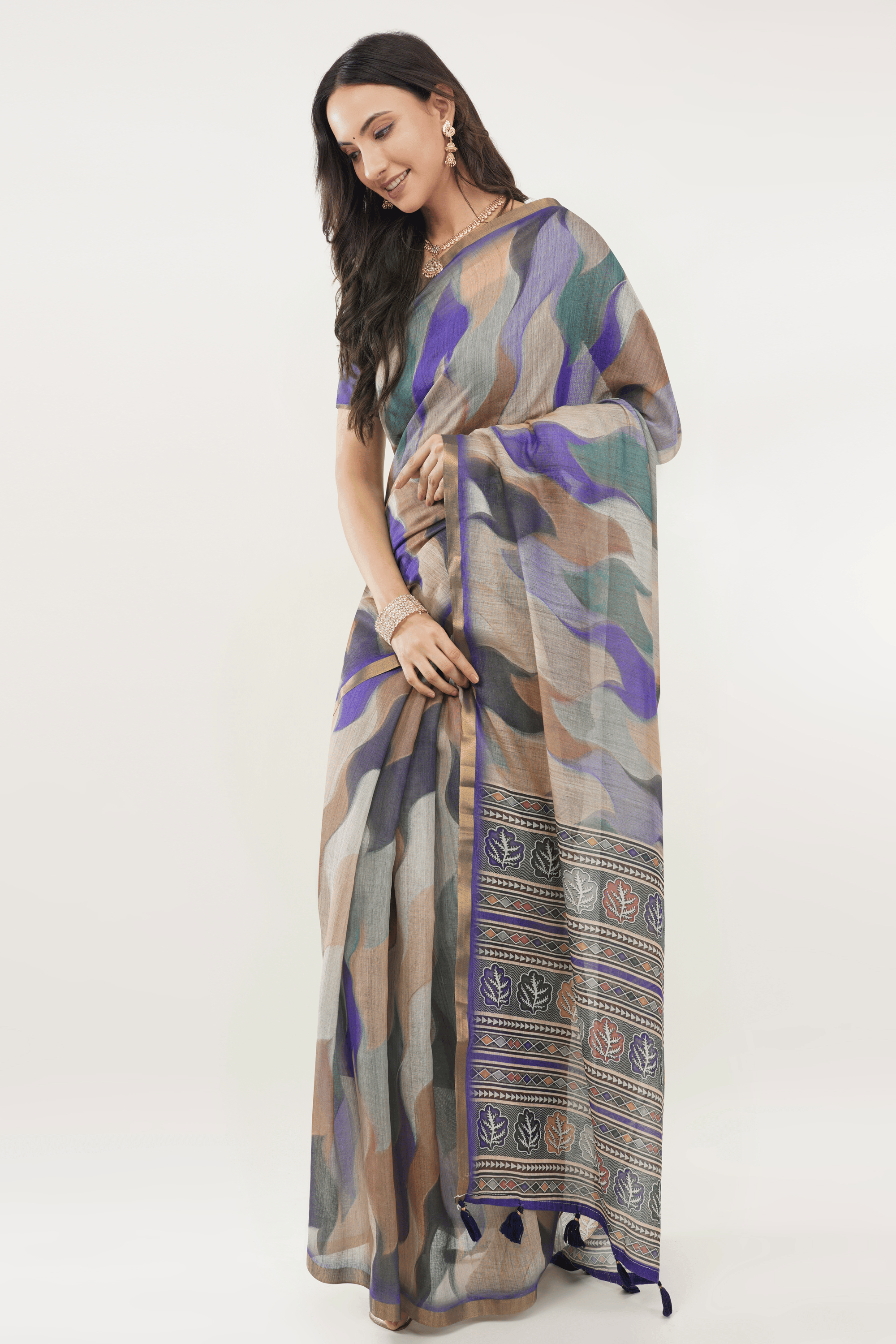 Samantha Off White Purple Blue Rose Botanical Printed Linen Saree with Self-Woven Border