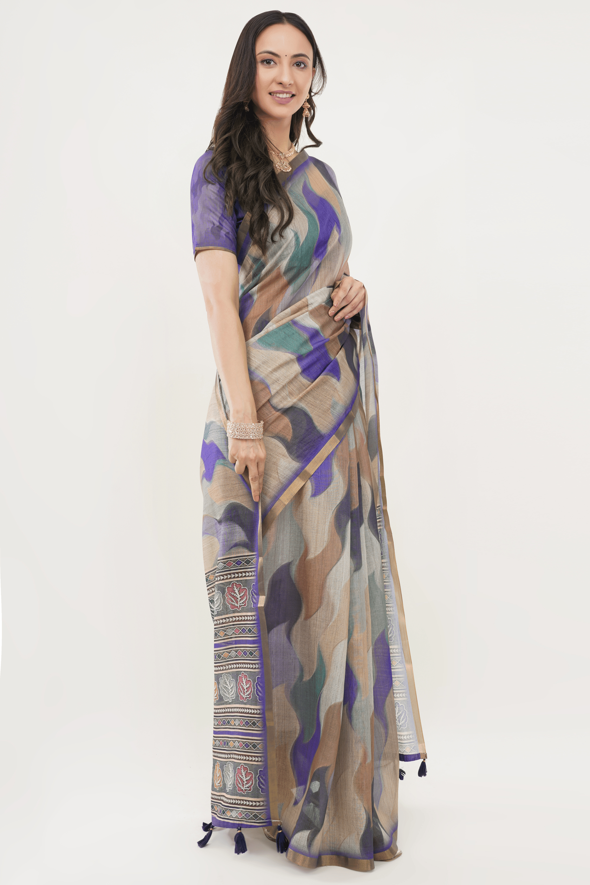 Samantha Off White Purple Blue Rose Botanical Printed Linen Saree with Self-Woven Border