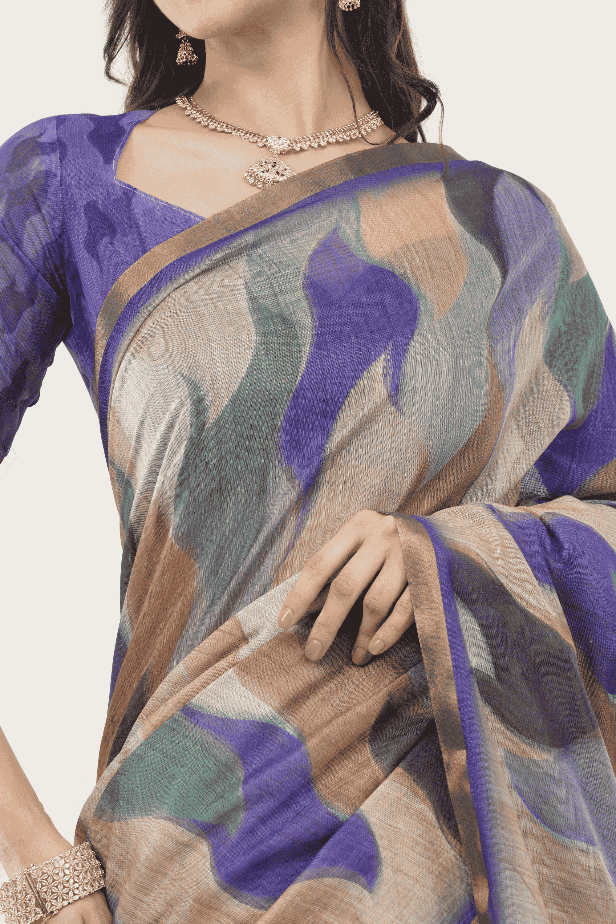 Samantha Off White Purple Blue Rose Botanical Printed Linen Saree with Self-Woven Border
