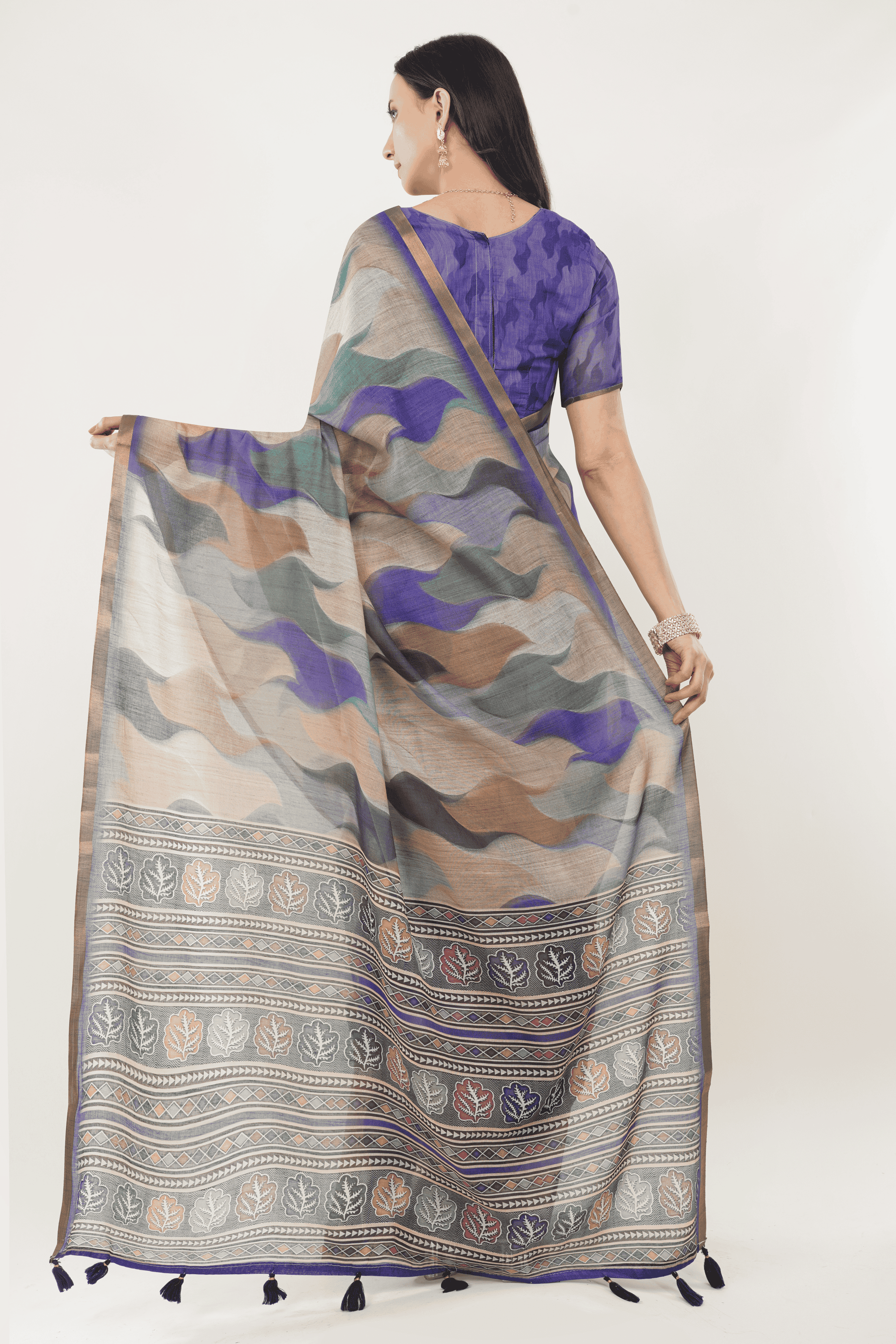 Samantha Off White Purple Blue Rose Botanical Printed Linen Saree with Self-Woven Border