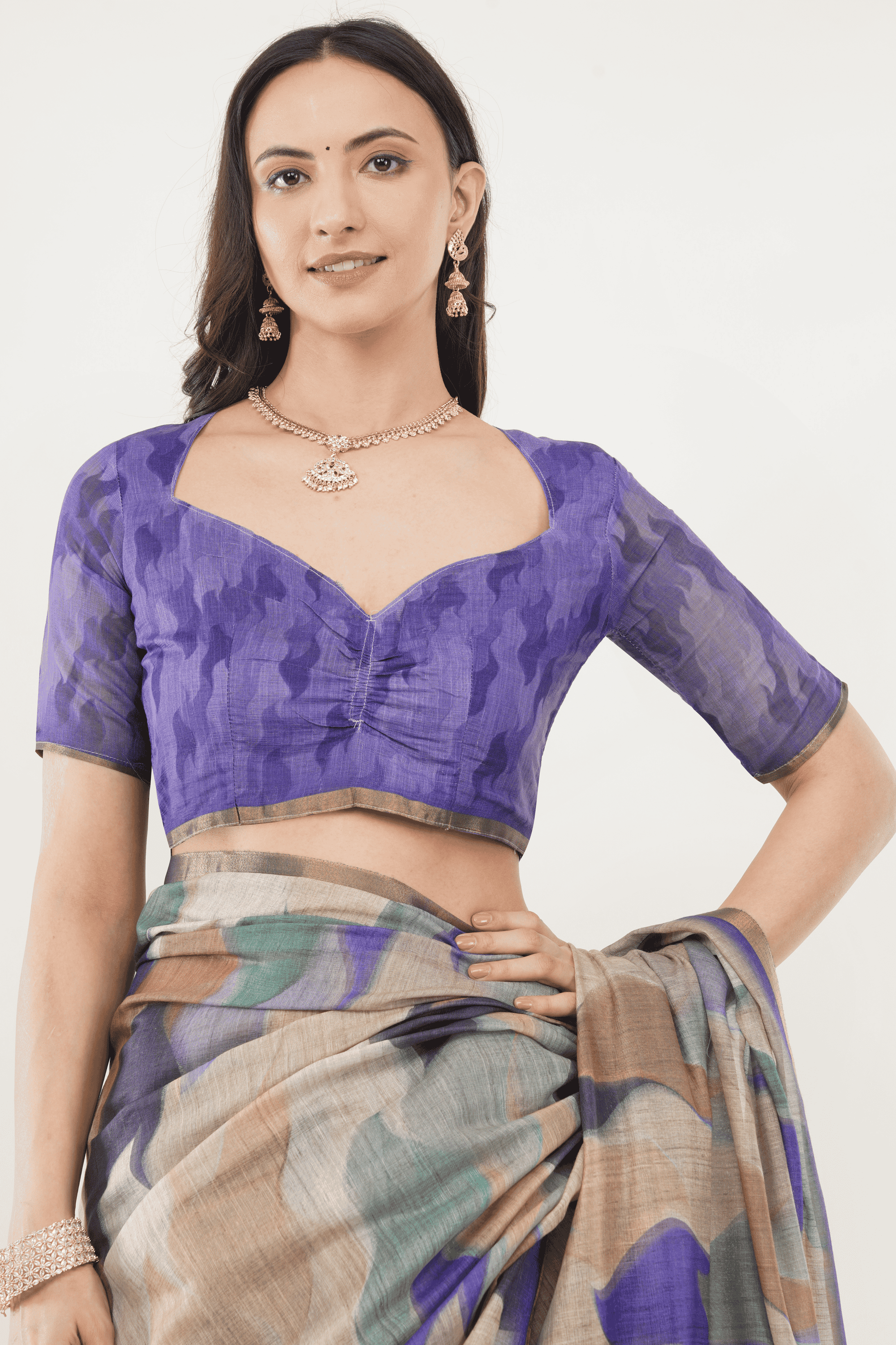 Samantha Off White Purple Blue Rose Botanical Printed Linen Saree with Self-Woven Border