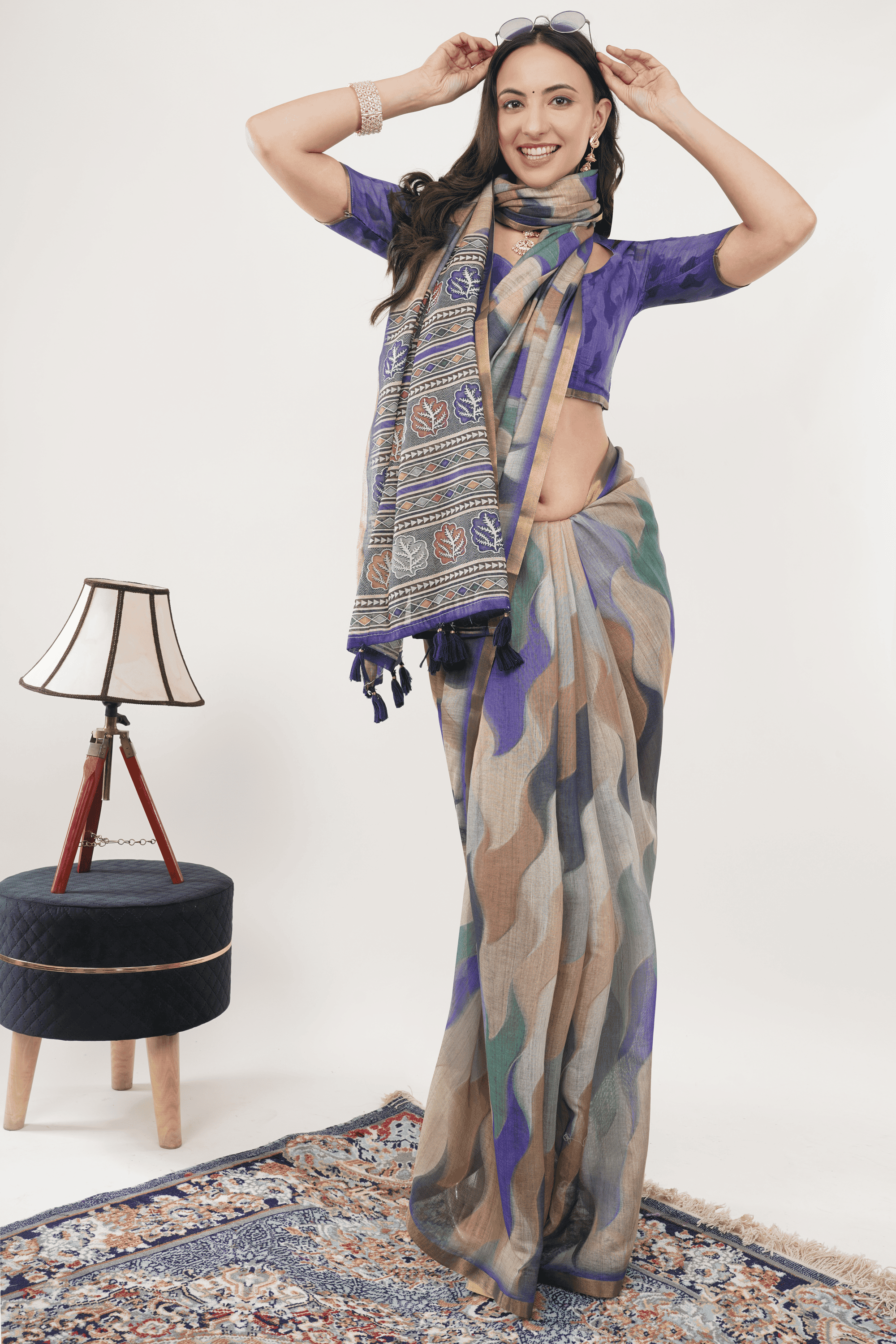 Samantha Off White Purple Blue Rose Botanical Printed Linen Saree with Self-Woven Border