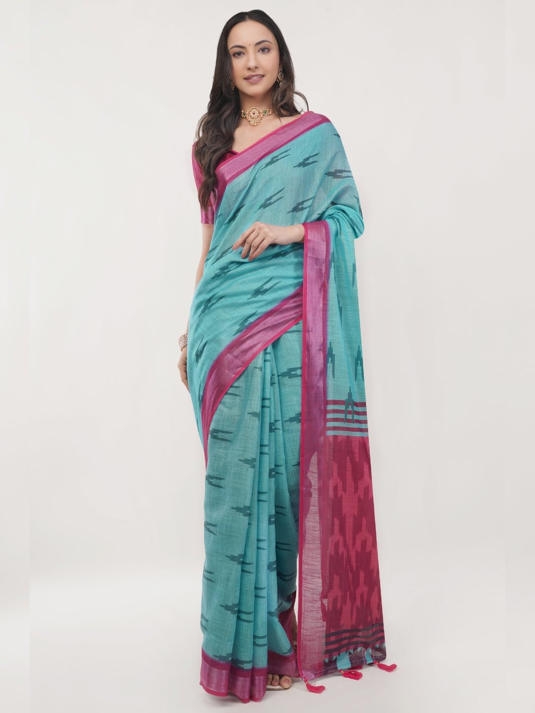 Samantha Off White Blue Rose Botanical Printed Linen Saree with Self-Woven Border