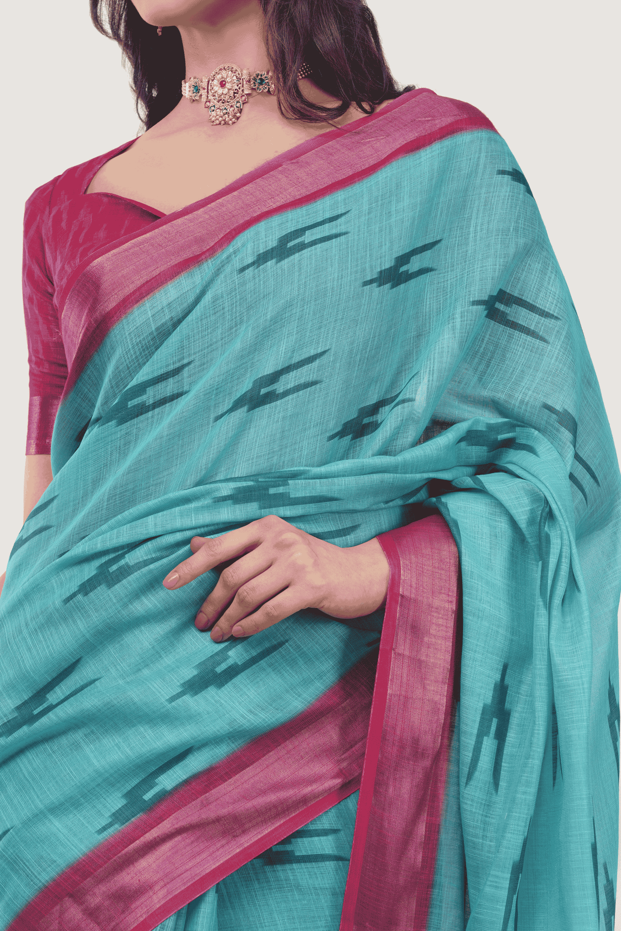 Samantha Off White Blue Rose Botanical Printed Linen Saree with Self-Woven Border