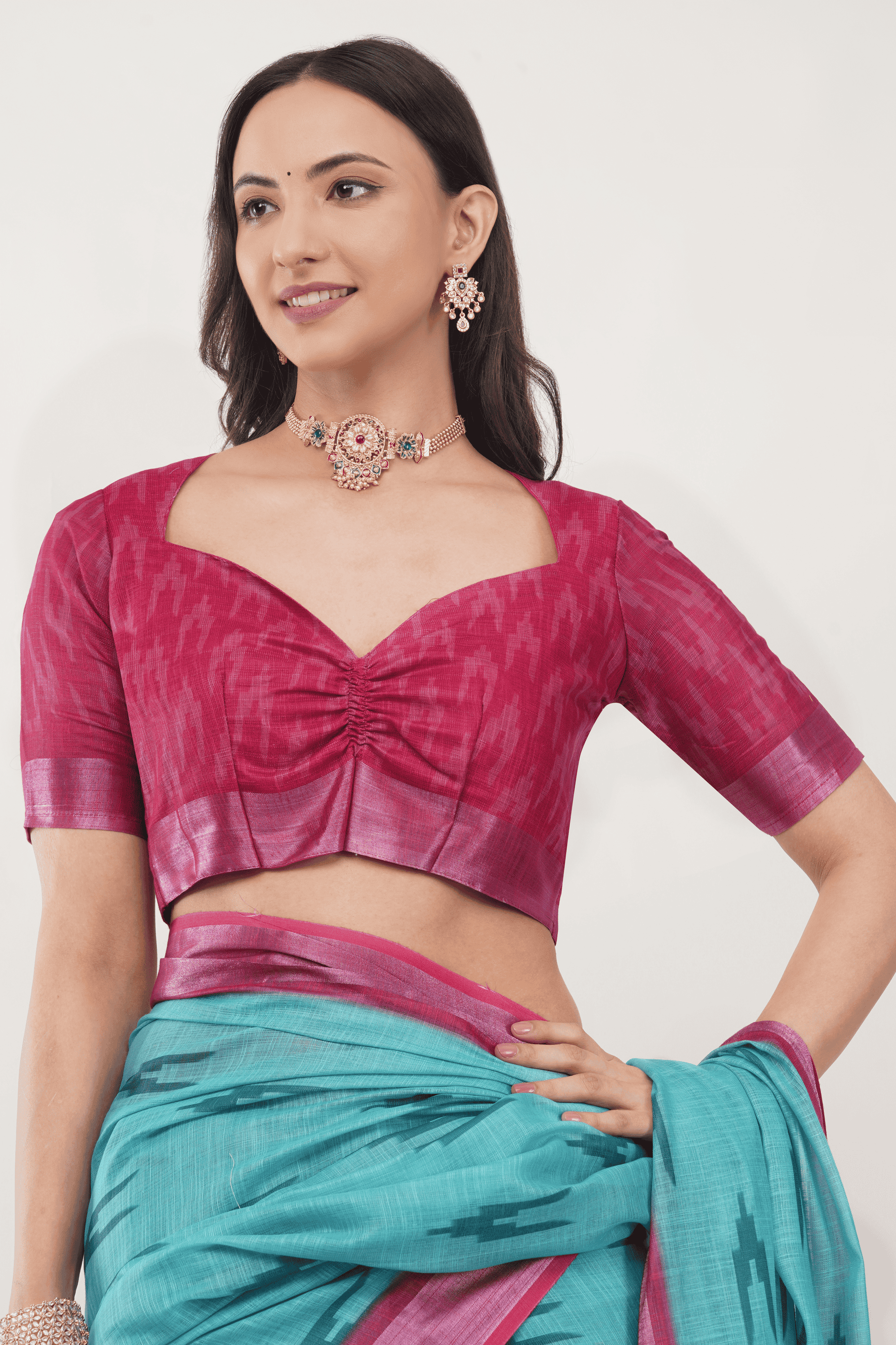 Samantha Off White Blue Rose Botanical Printed Linen Saree with Self-Woven Border