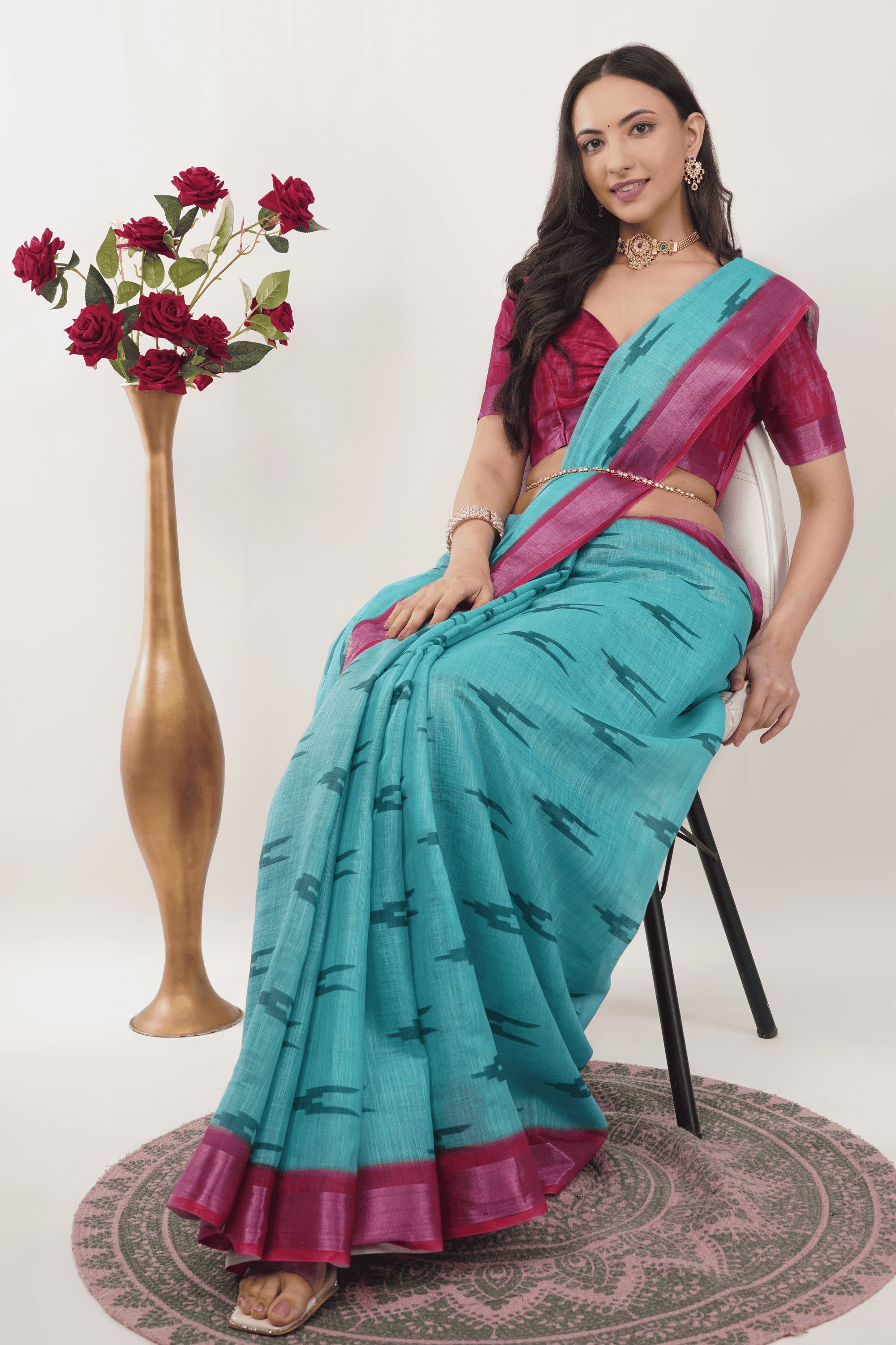 Samantha Off White Blue Rose Botanical Printed Linen Saree with Self-Woven Border