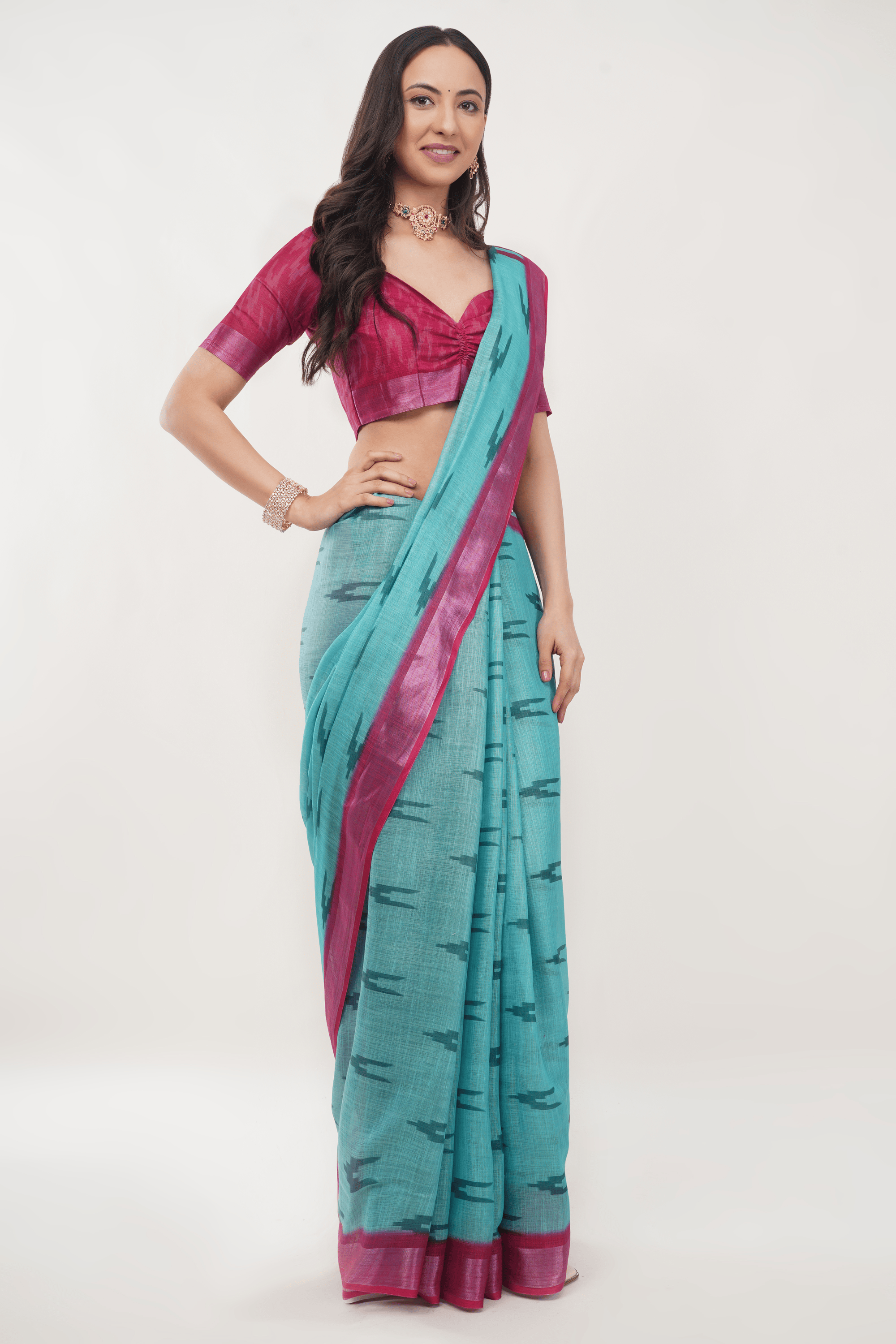Samantha Off White Blue Rose Botanical Printed Linen Saree with Self-Woven Border