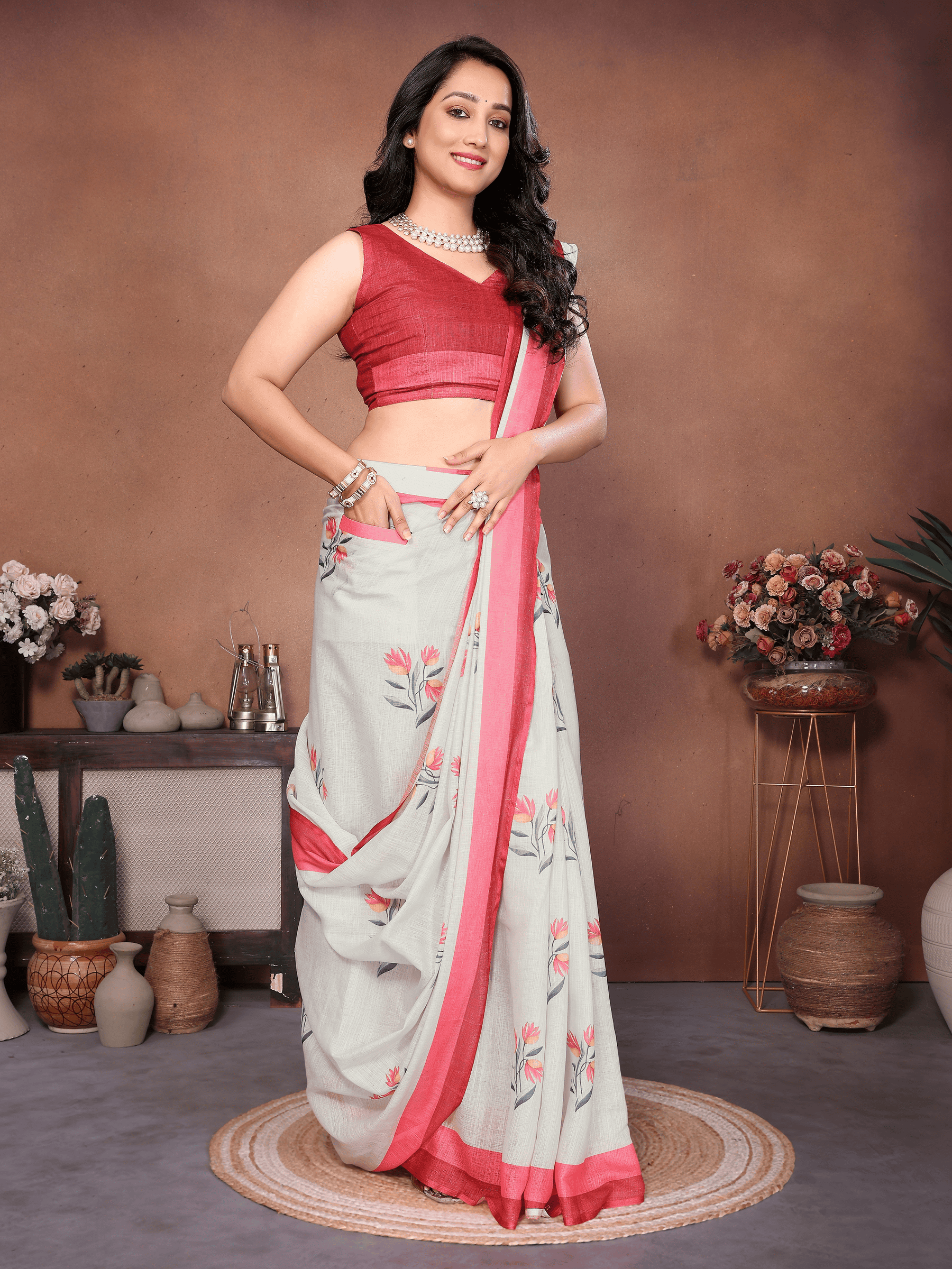 off-white-linen-ready-to-wear-saree-red-border-floral