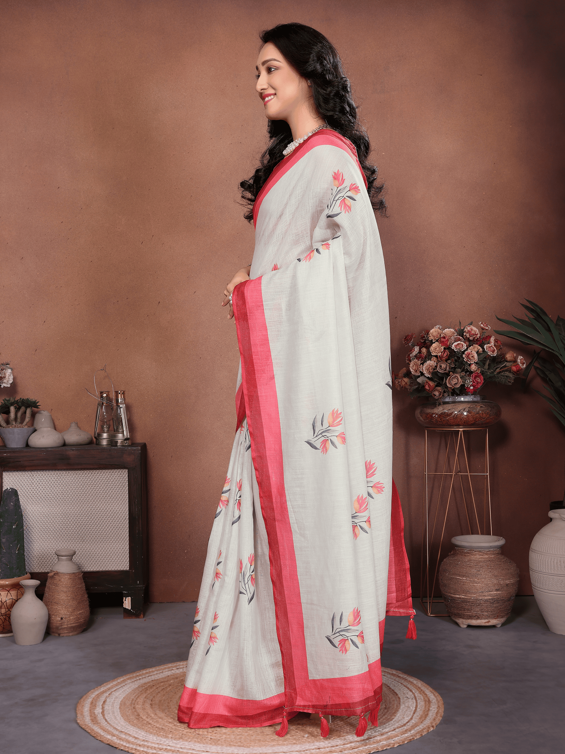 off-white-linen-ready-to-wear-saree-red-border-floral