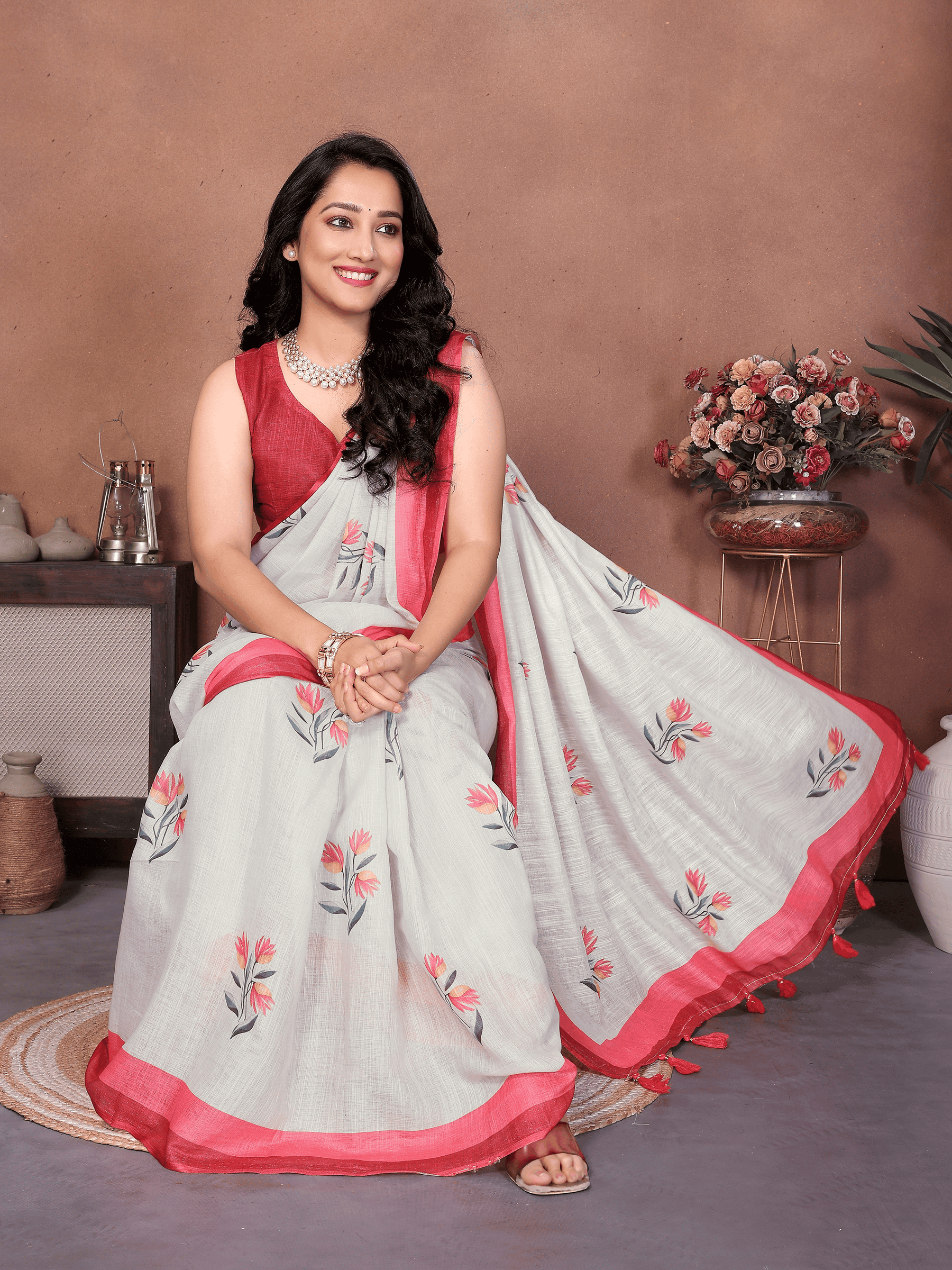 off-white-linen-ready-to-wear-saree-red-border-floral