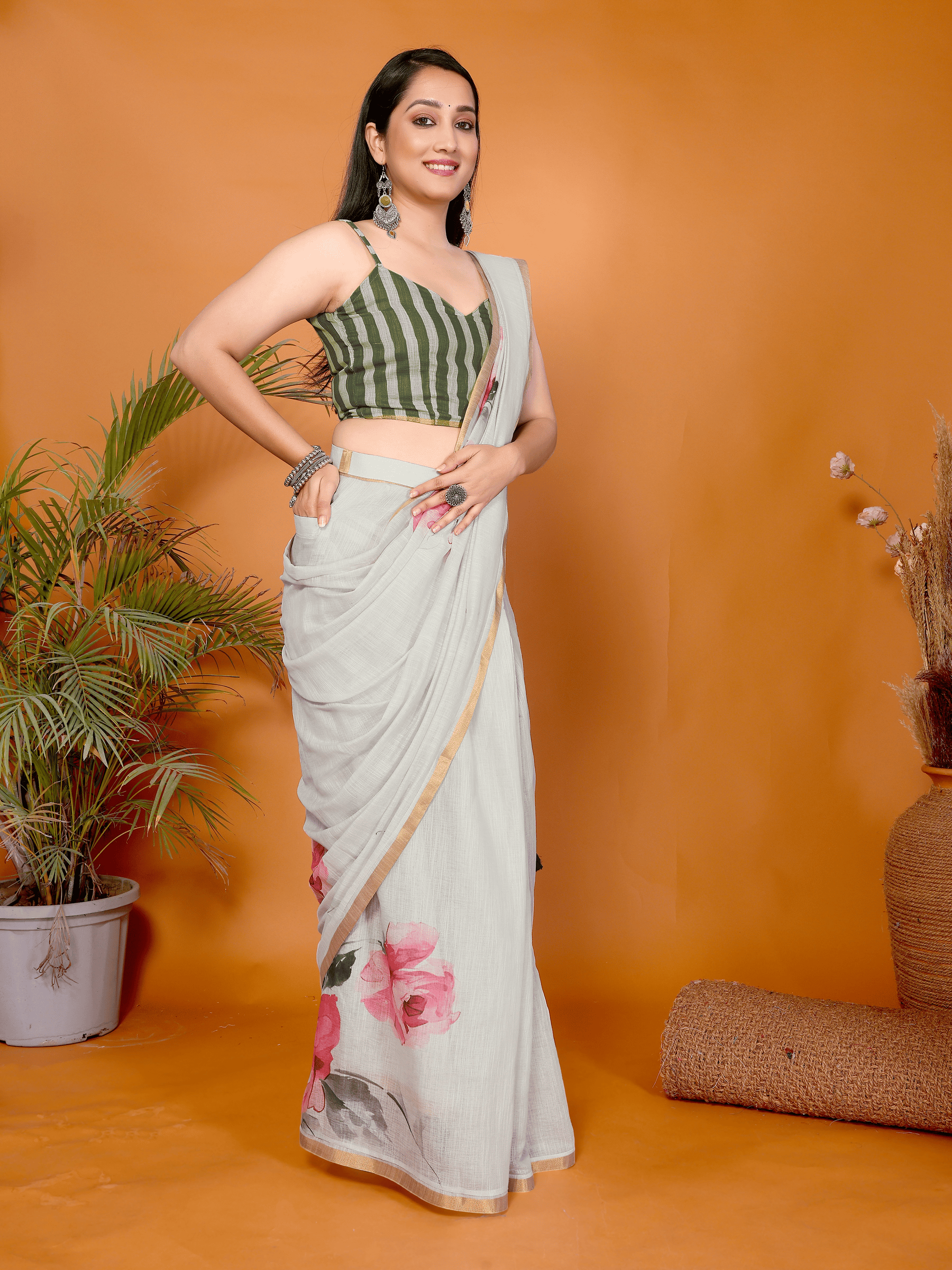 Off-White Floral Ready-to-Wear Saree with Pink Roses, Gold Border & Pocket