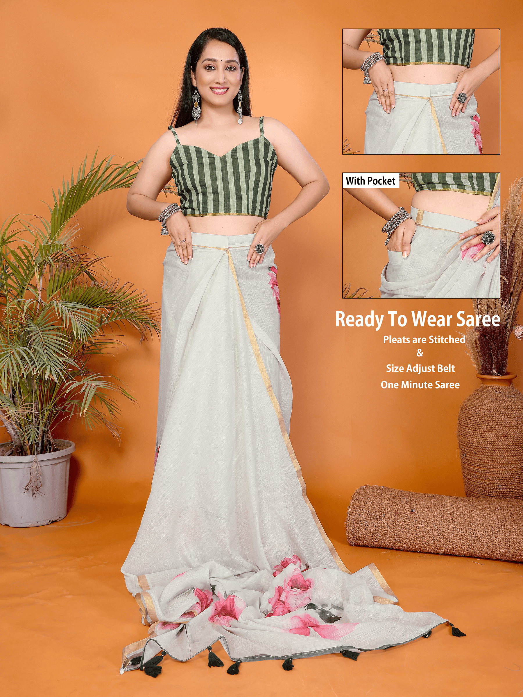 Off-White Floral Ready-to-Wear Saree with Pink Roses, Gold Border & Pocket