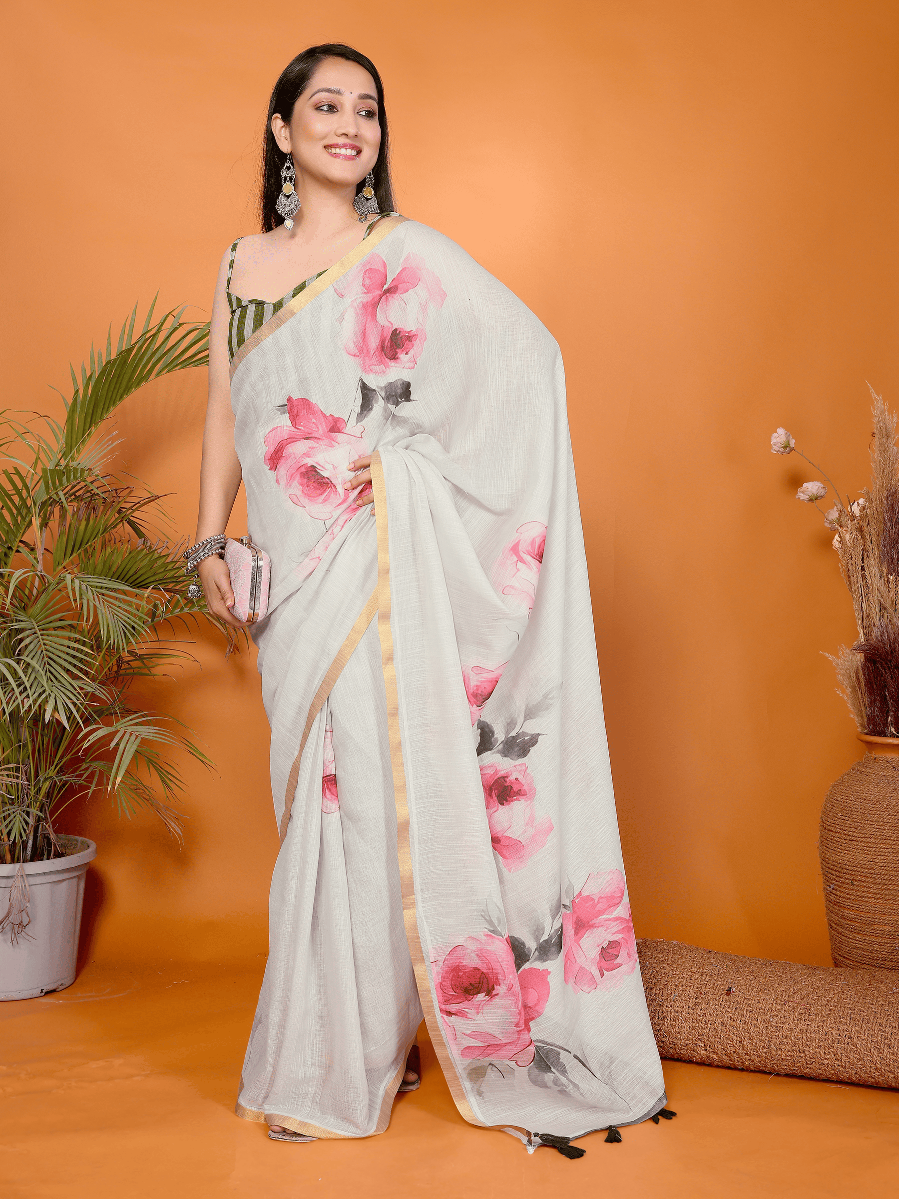 Off-White Floral Ready-to-Wear Saree with Pink Roses, Gold Border & Pocket