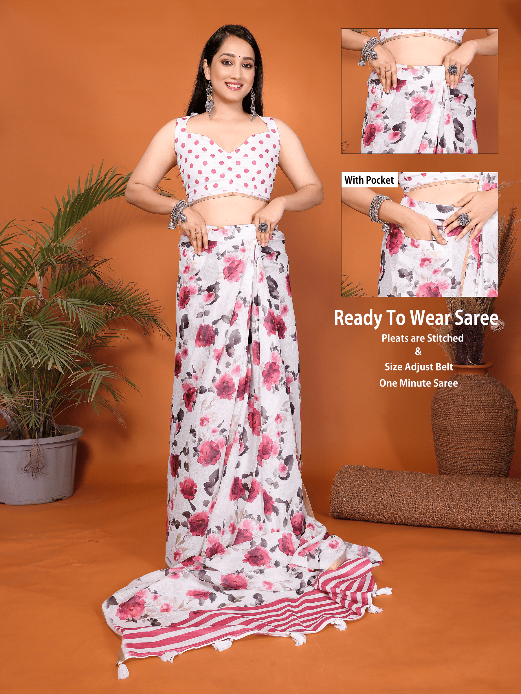 White and pink floral ready-to-wear saree with striped pallu, tassels and side pocket