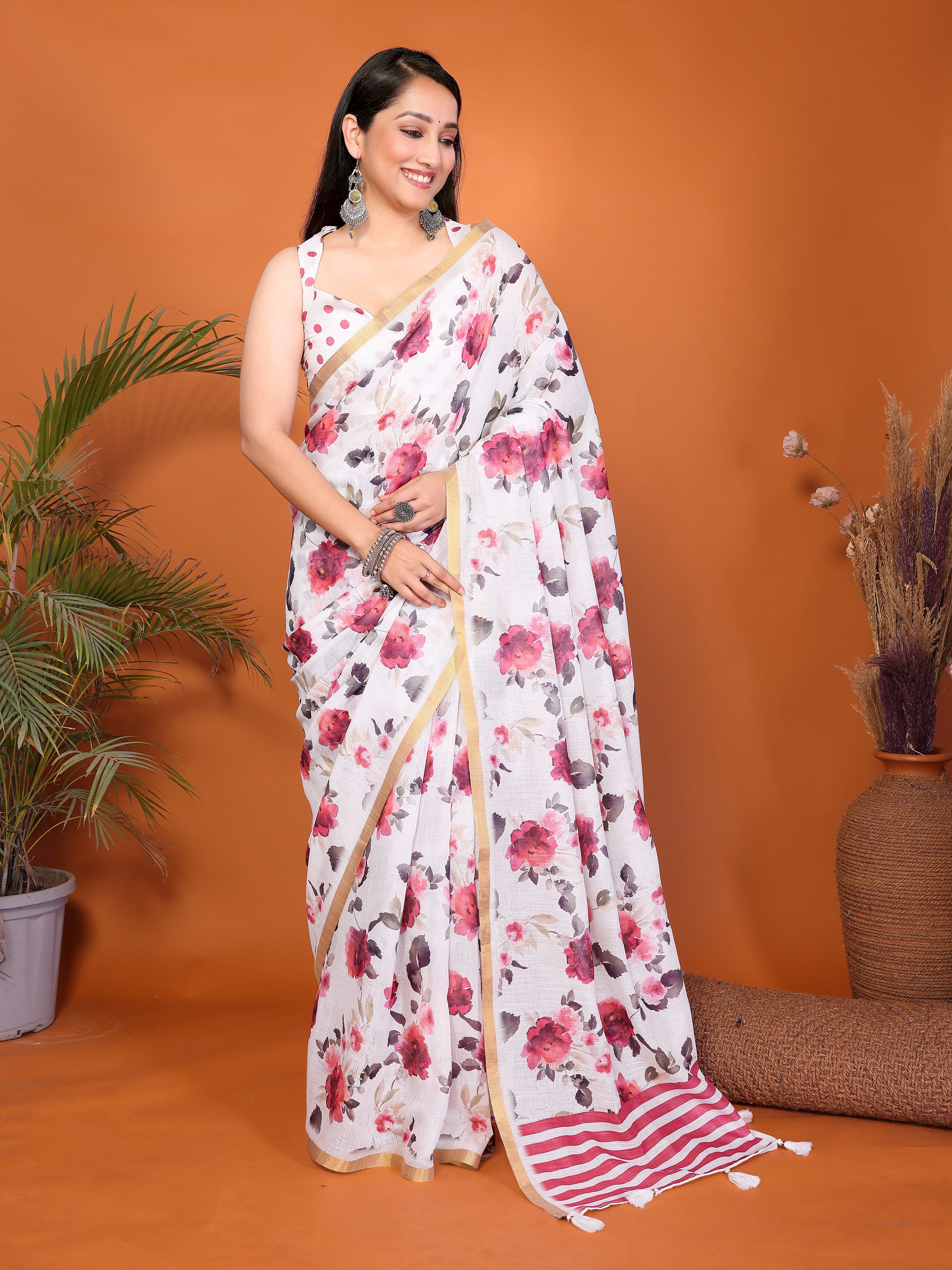 White Pink Floral Ready-to-Wear Saree with Striped Pallu, Gold Border & Pocket