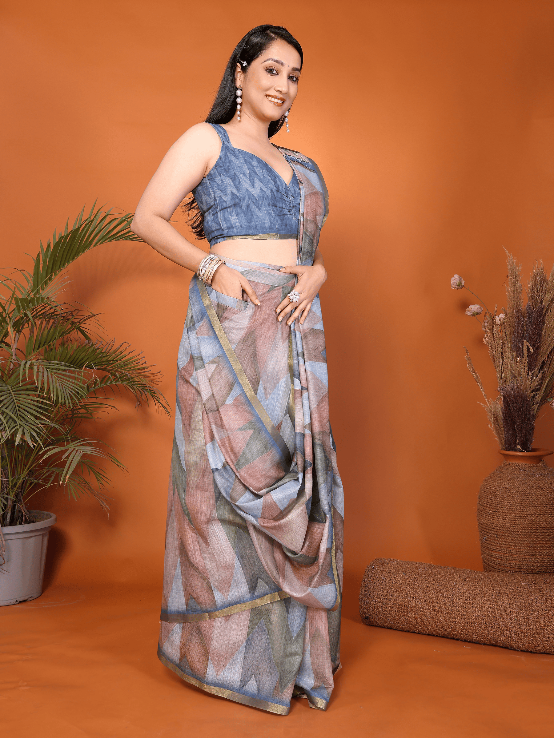 Rust and Blue Geometric Ready-to-Wear Saree with Striped Pallu, Gold Border & Pocket