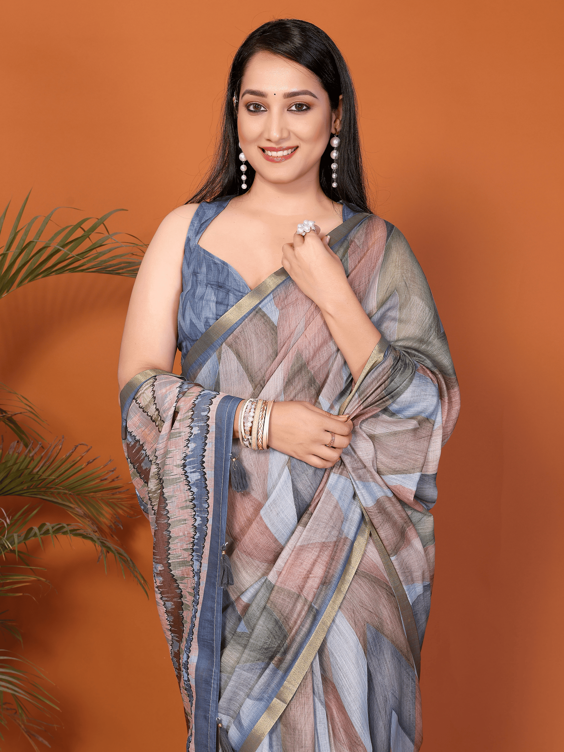 Rust and Blue Geometric Ready-to-Wear Saree with Striped Pallu, Gold Border & Pocket