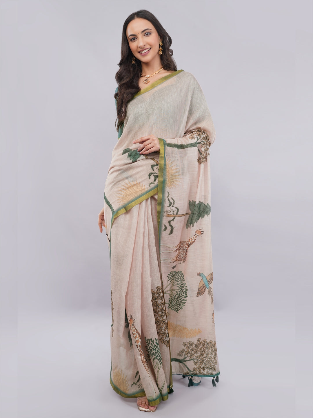 Samantha Off White Cream Rose Botanical Printed Linen Saree with Self-Woven Border