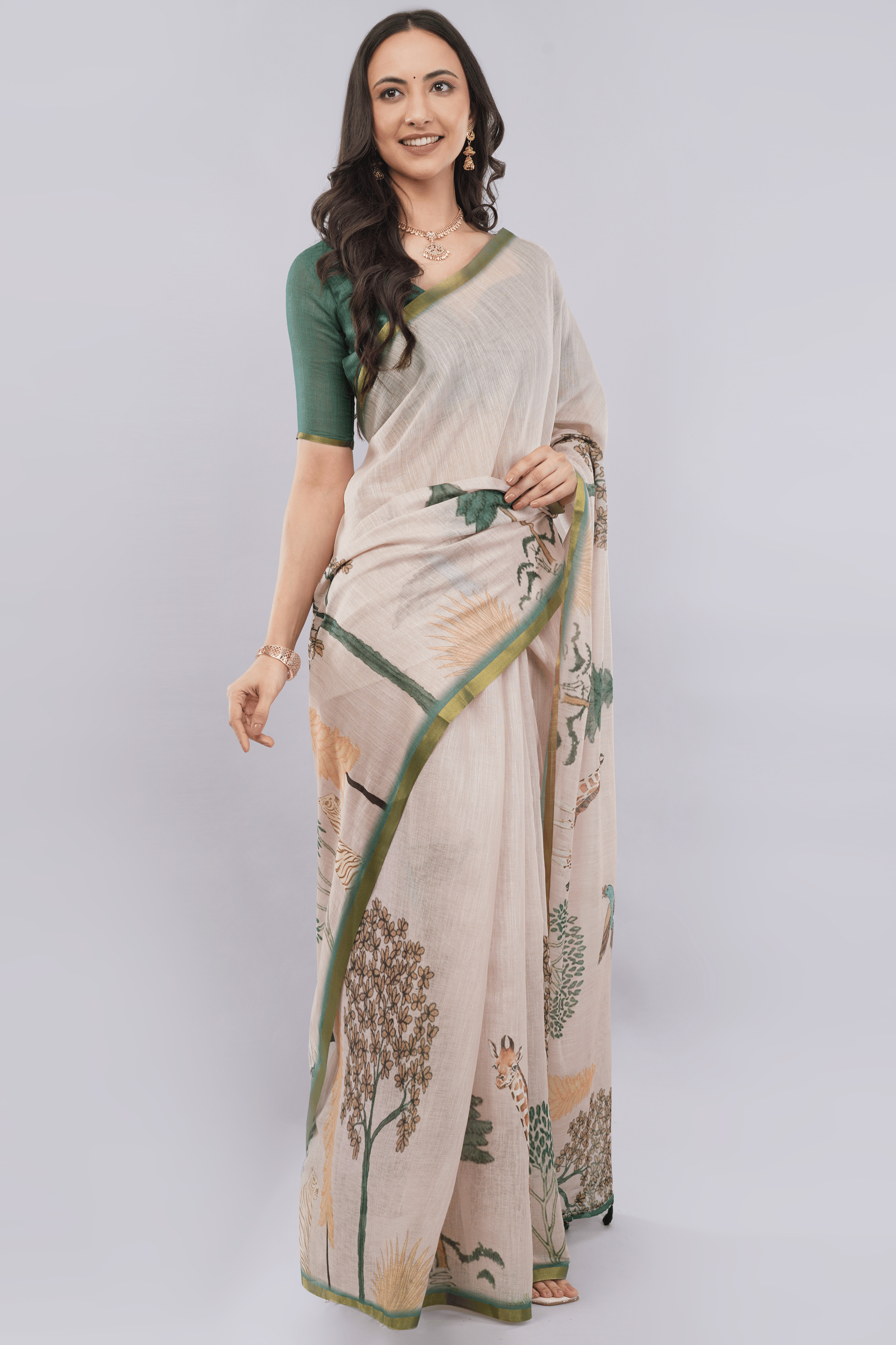 Samantha Off White Cream Rose Botanical Printed Linen Saree with Self-Woven Border