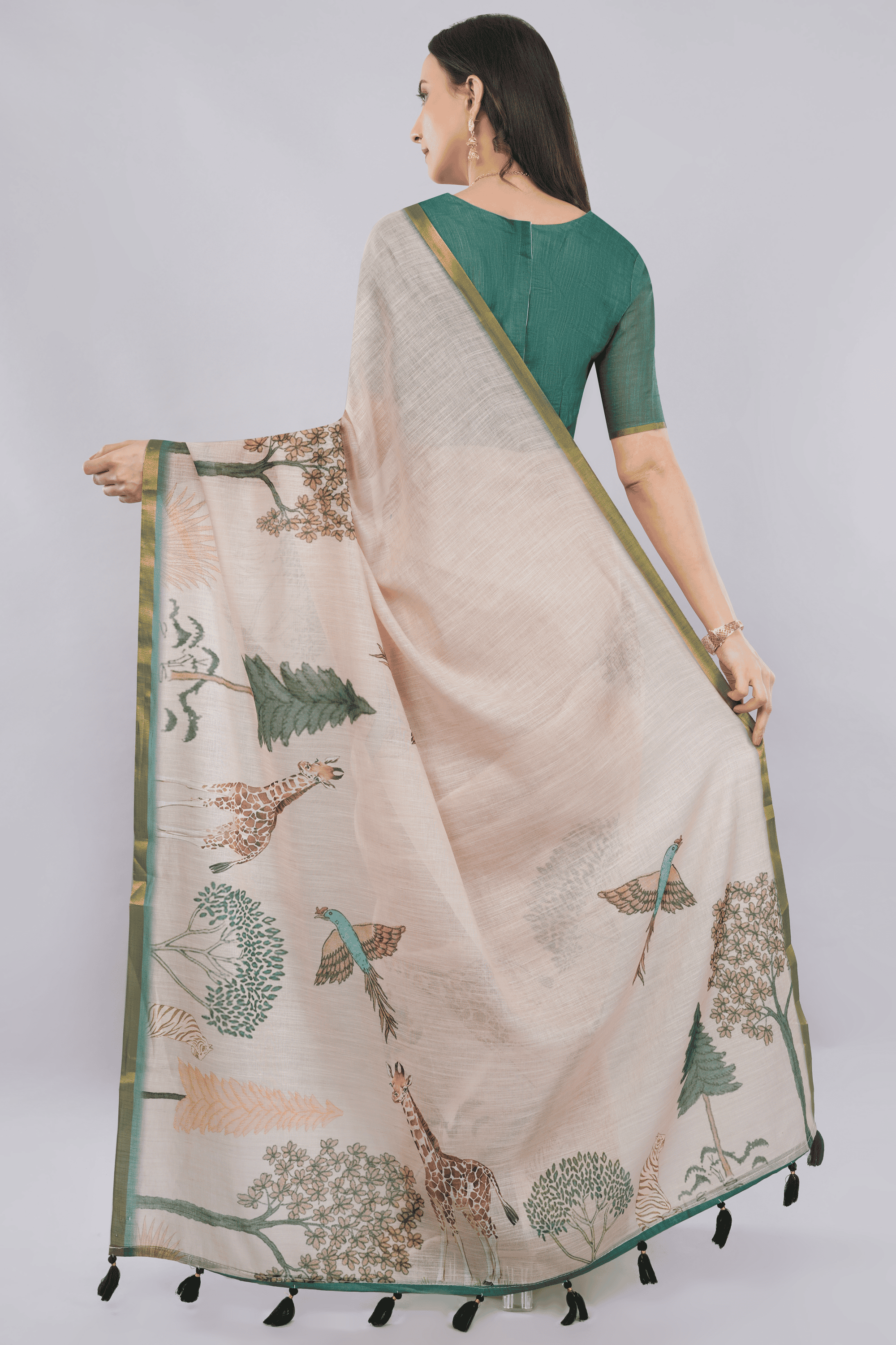 Samantha Off White Cream Rose Botanical Printed Linen Saree with Self-Woven Border