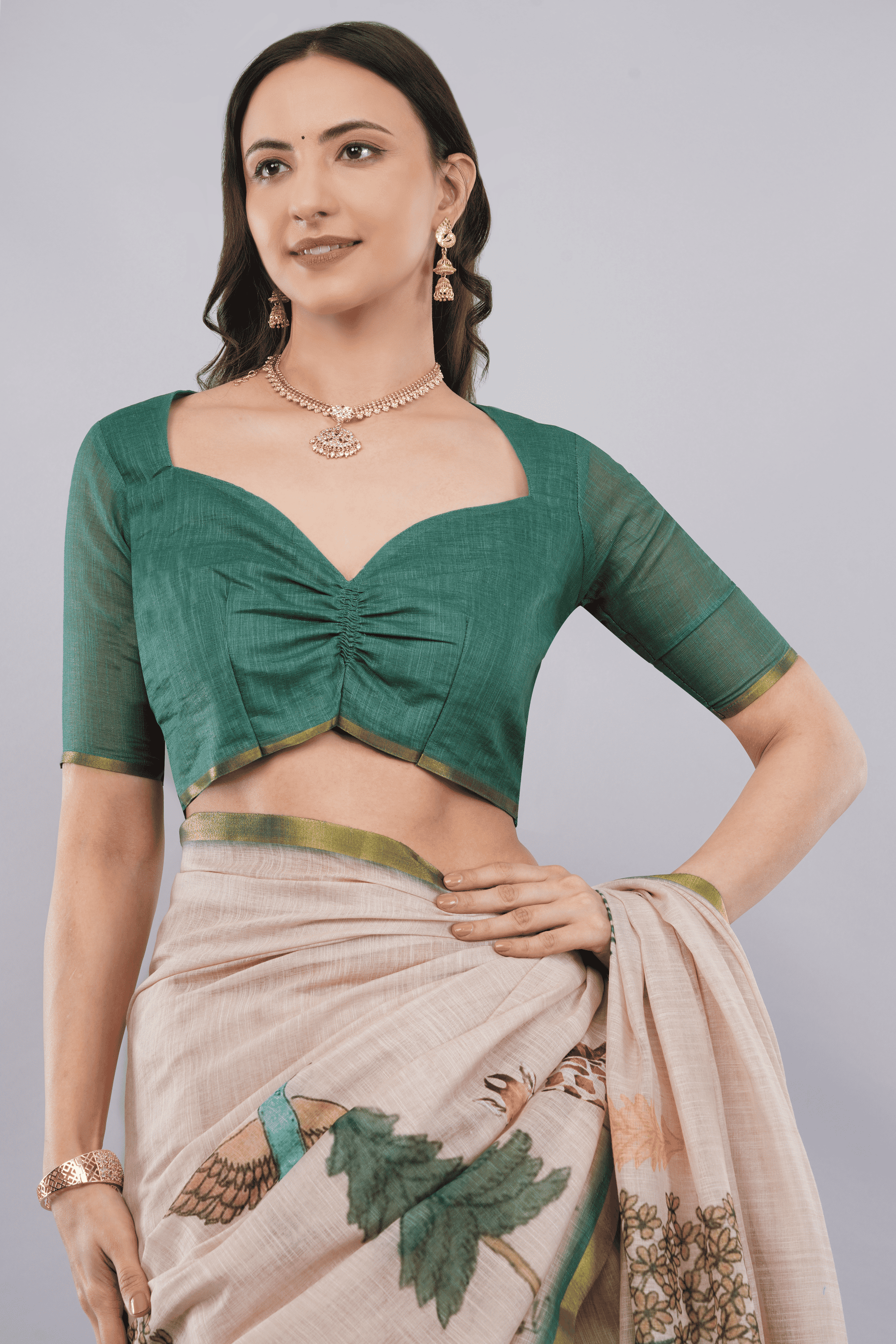 Samantha Off White Cream Rose Botanical Printed Linen Saree with Self-Woven Border