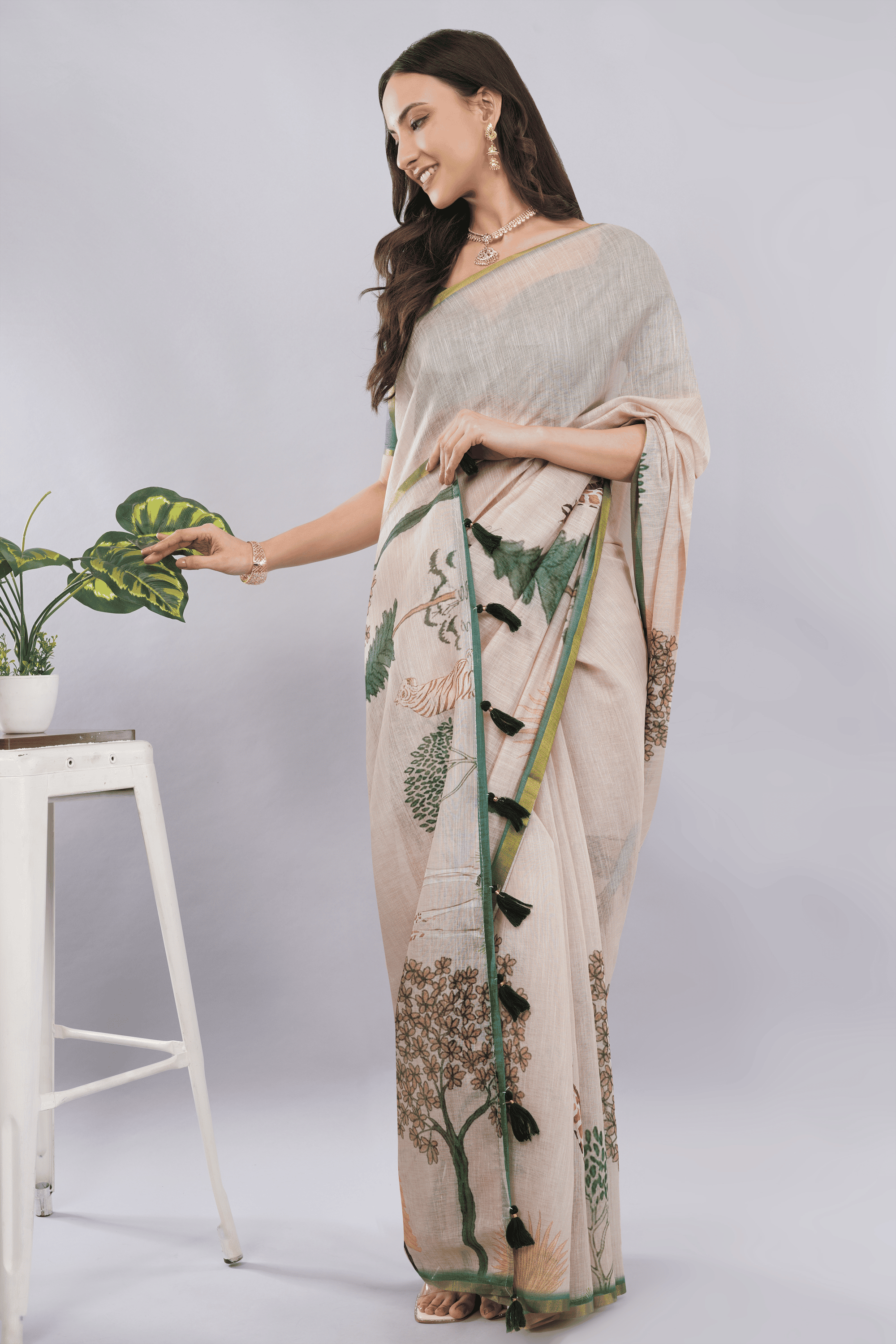 Samantha Off White Cream Rose Botanical Printed Linen Saree with Self-Woven Border