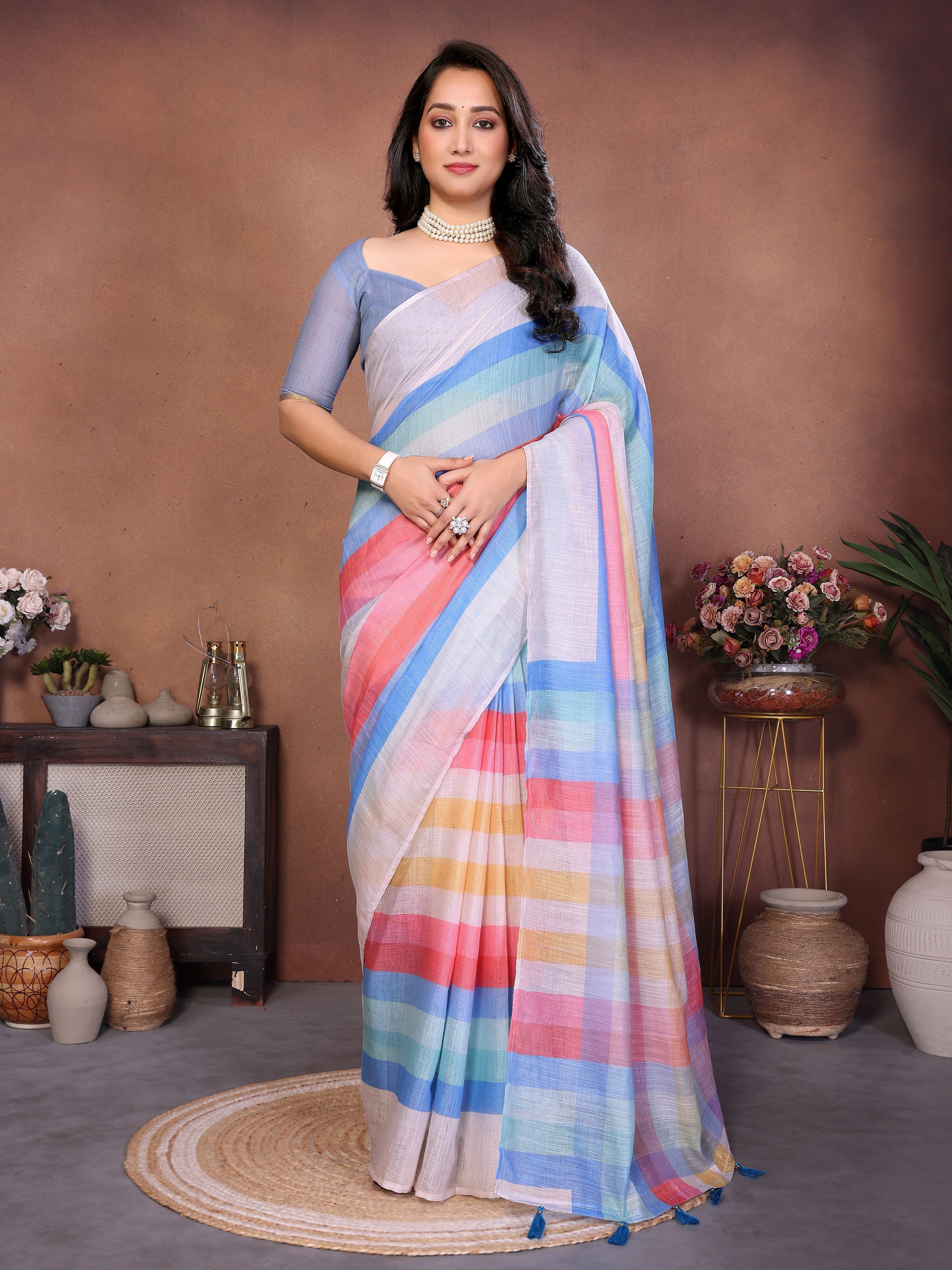 Multicolor striped ready-to-wear saree with pastel stripes, tassels and side pocket