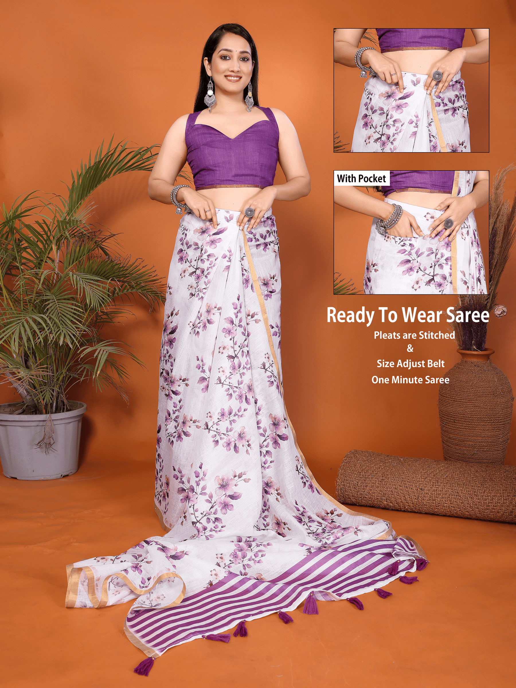 Purple floral ready-to-wear saree with striped pallu, tassels and side pocket