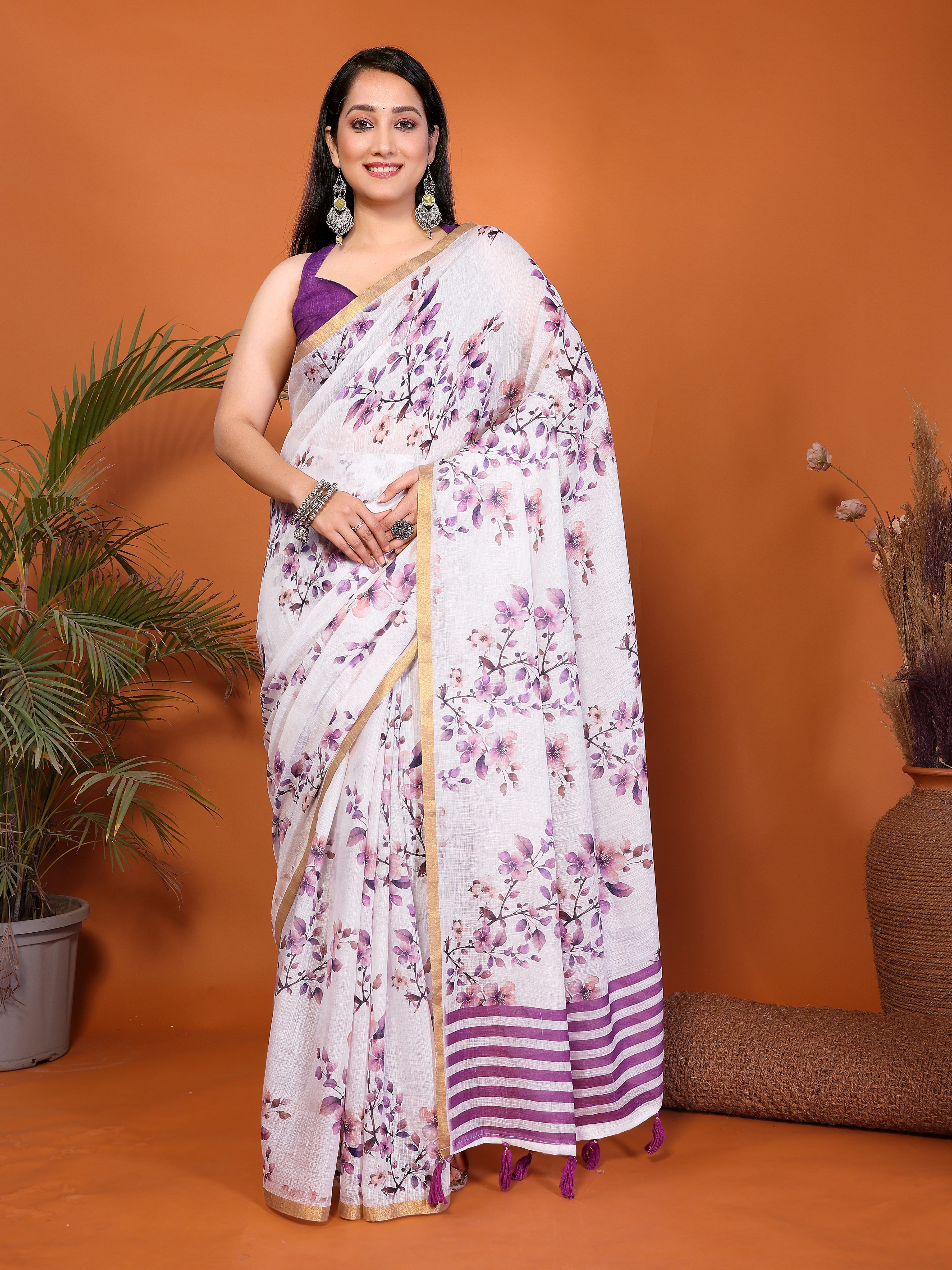 Purple Floral Ready-to-Wear Saree with Striped Pallu and Pocket