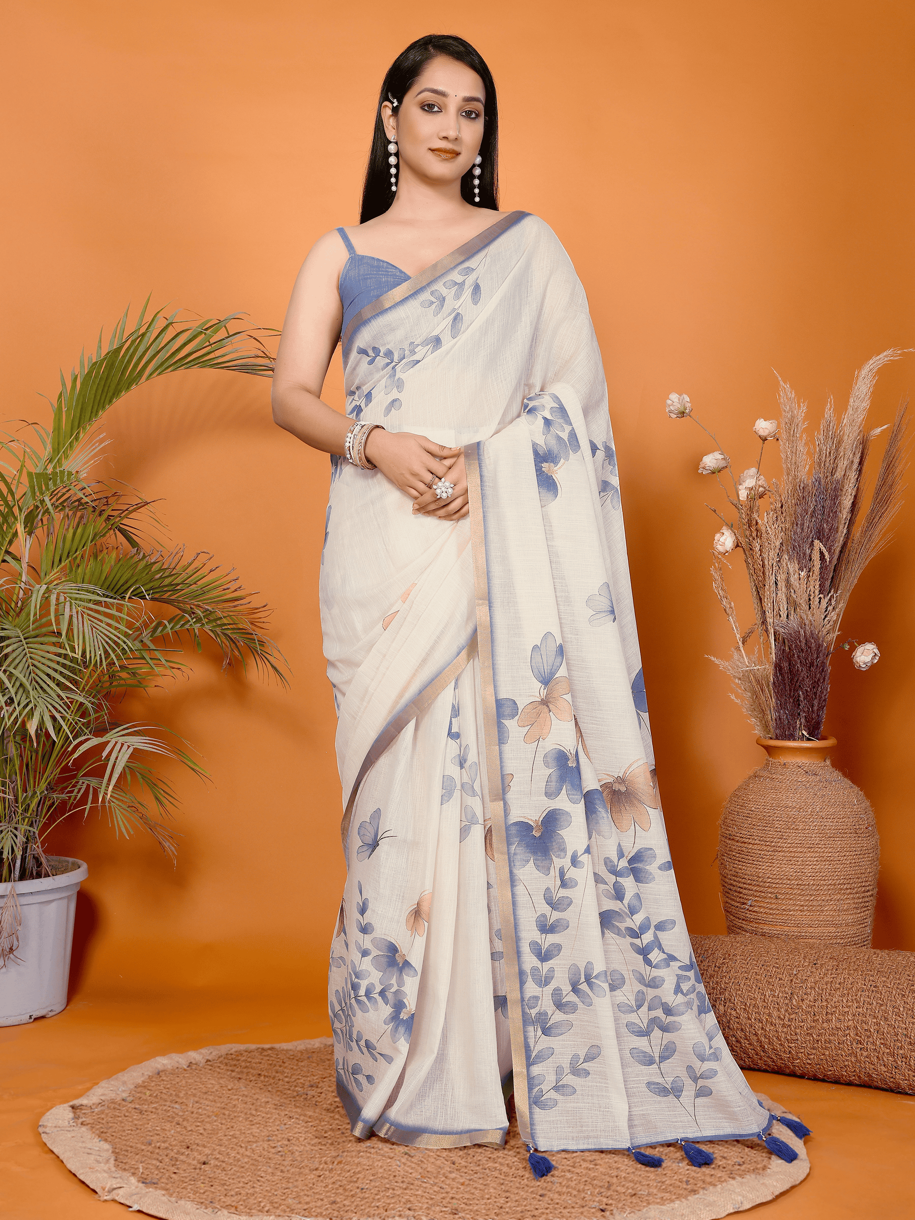 Cream White Blue Floral Ready-to-Wear Saree with Pocket and Gold Border