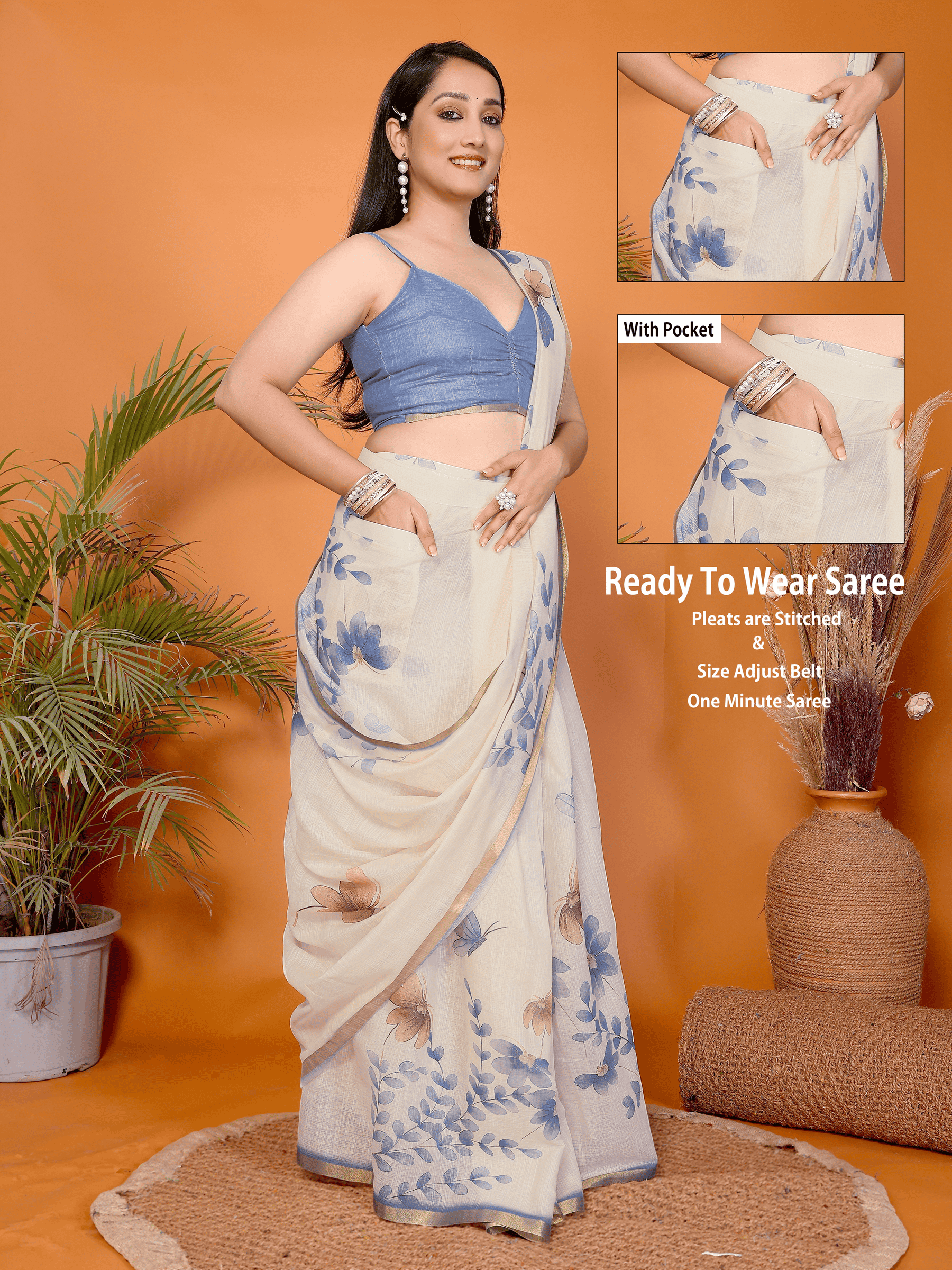 Cream white blue floral ready-to-wear saree with gold border, tassels and side pocket