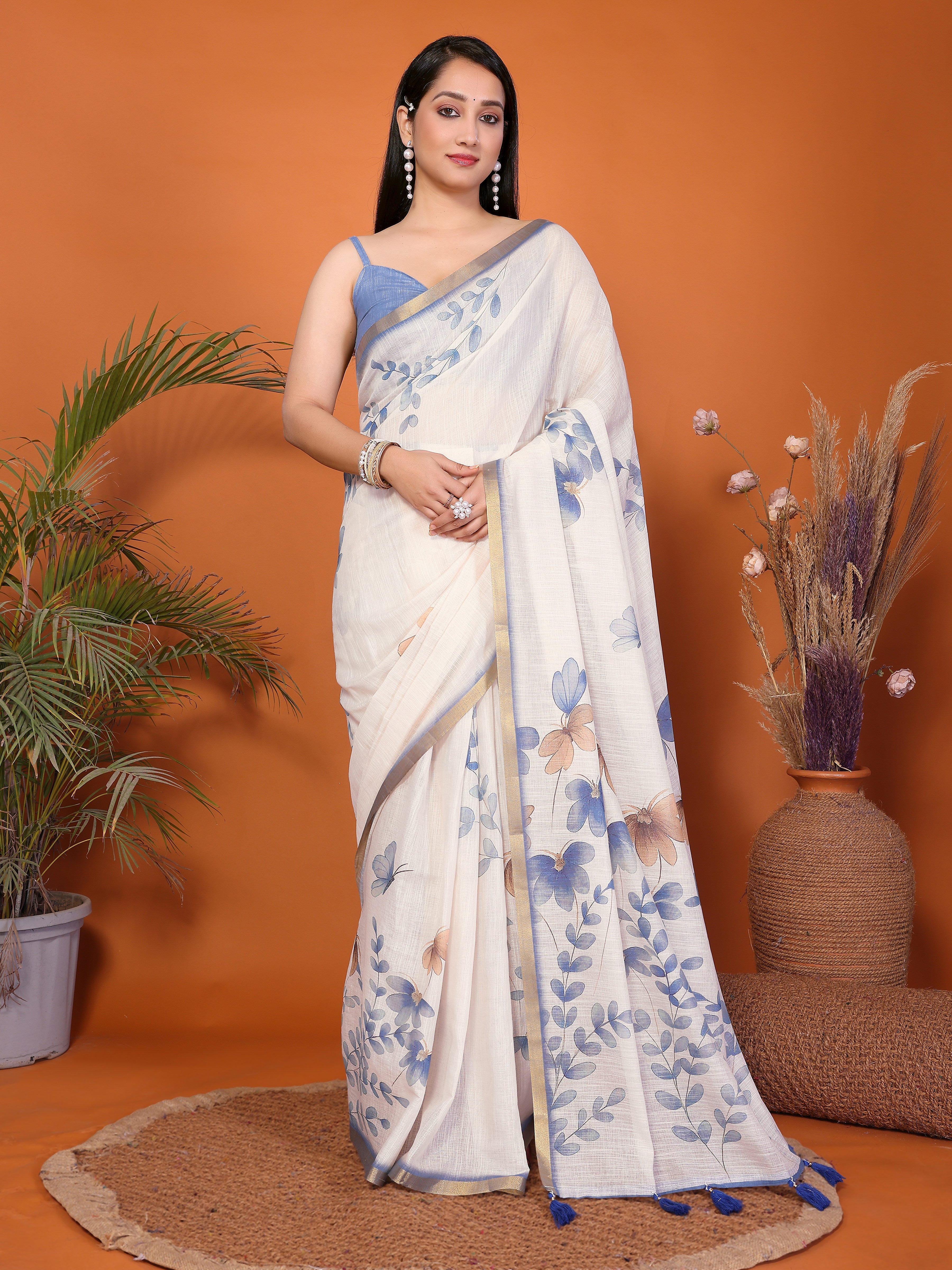 Cream White Blue Floral Ready-to-Wear Saree with Pocket and Gold Border