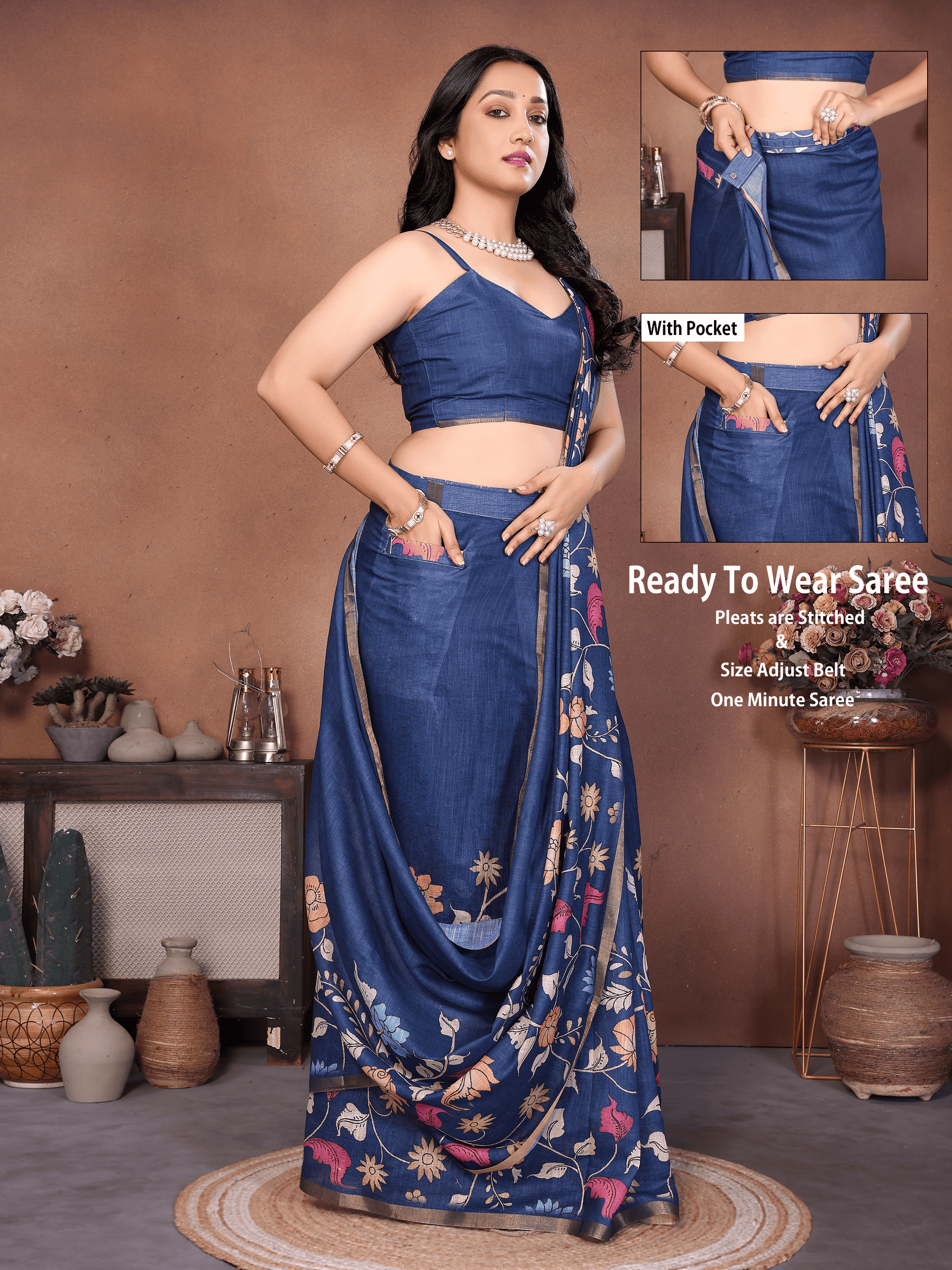 Navy blue floral ready-to-wear saree with zari border, tassels and side pocket